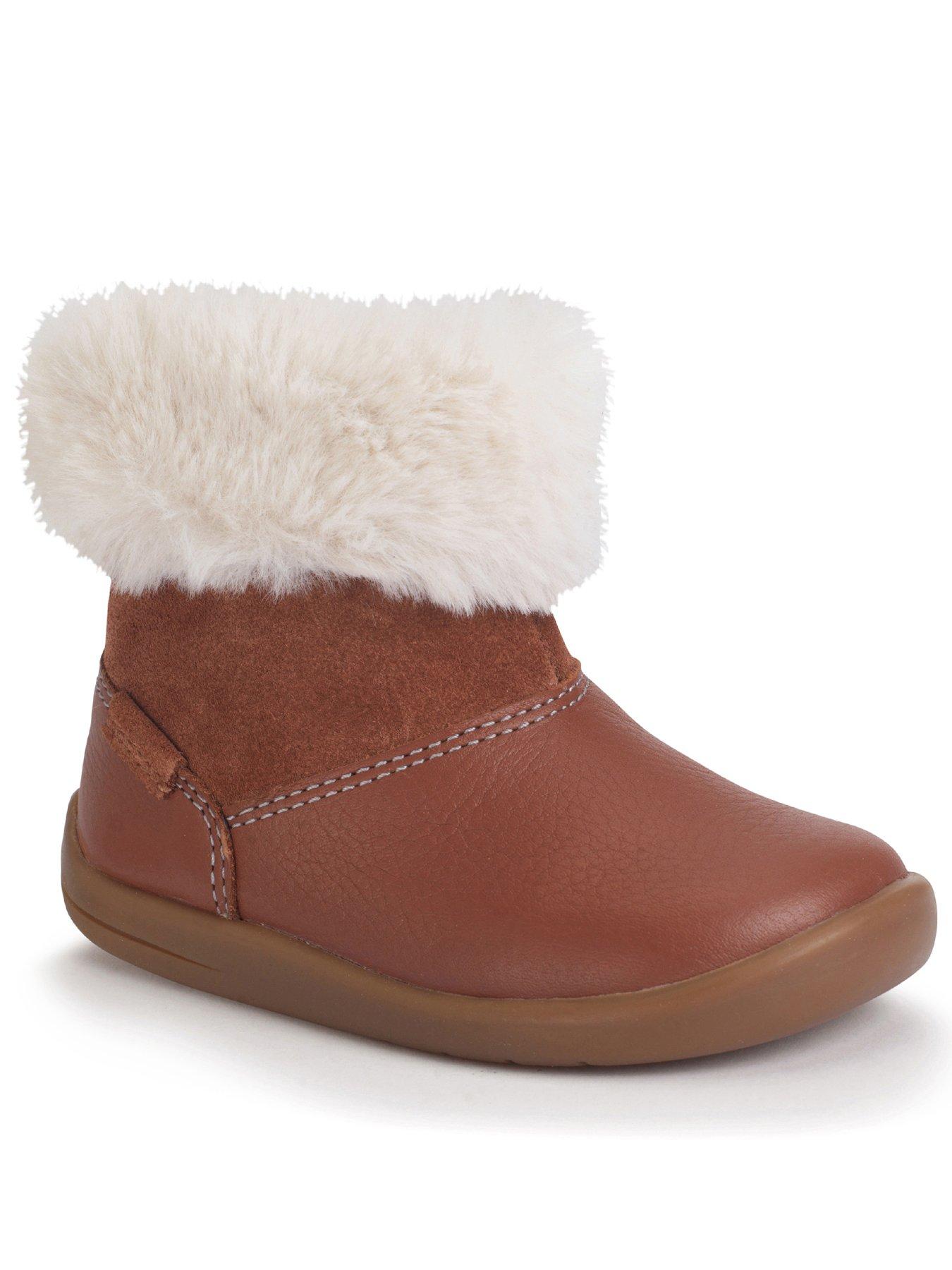 Start-rite Flurry Girls Tan Leather Faux Fur First Ankle Boots