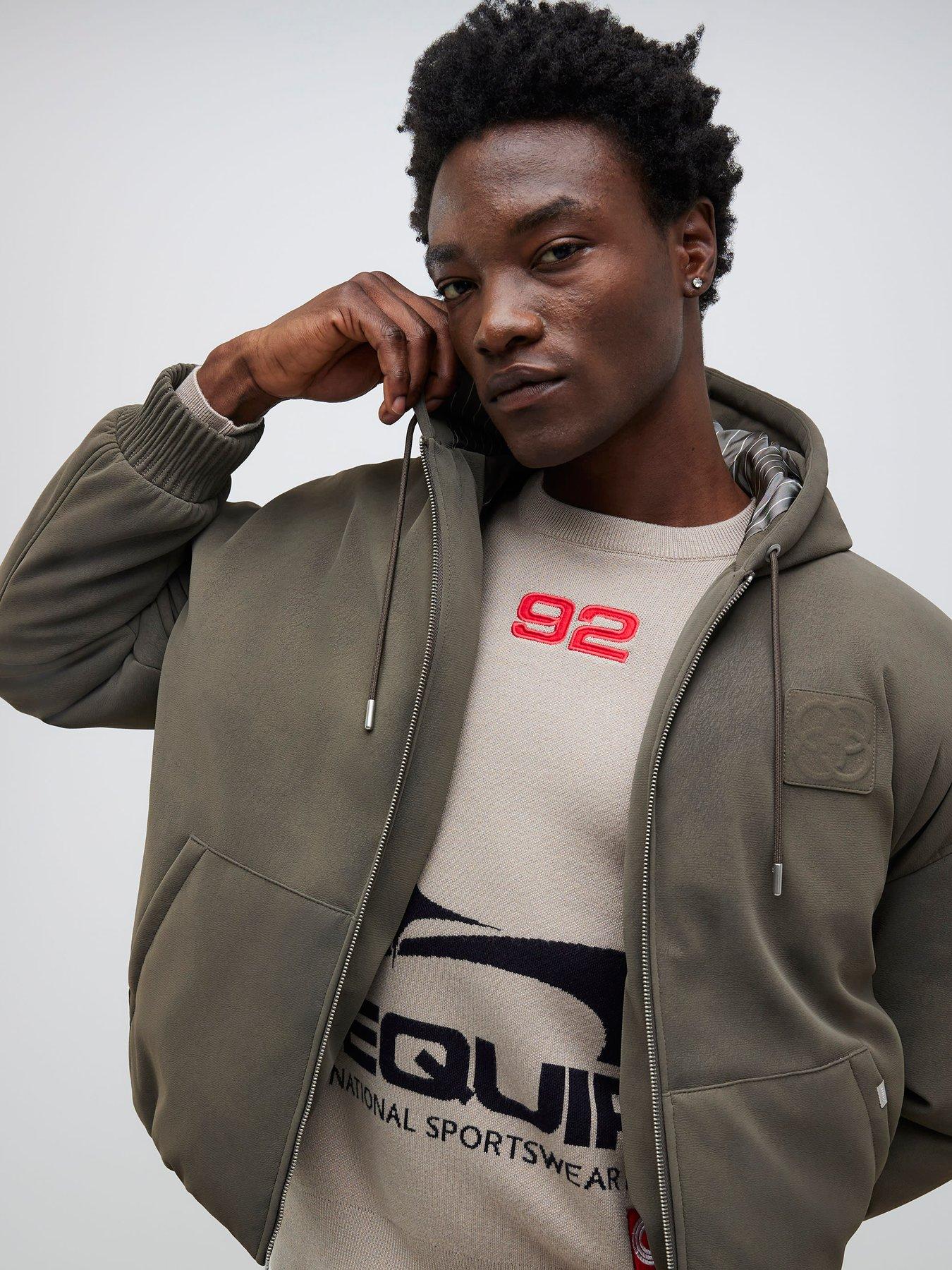 River Island Padded Suedette Hooded Jacket - Dark Grey