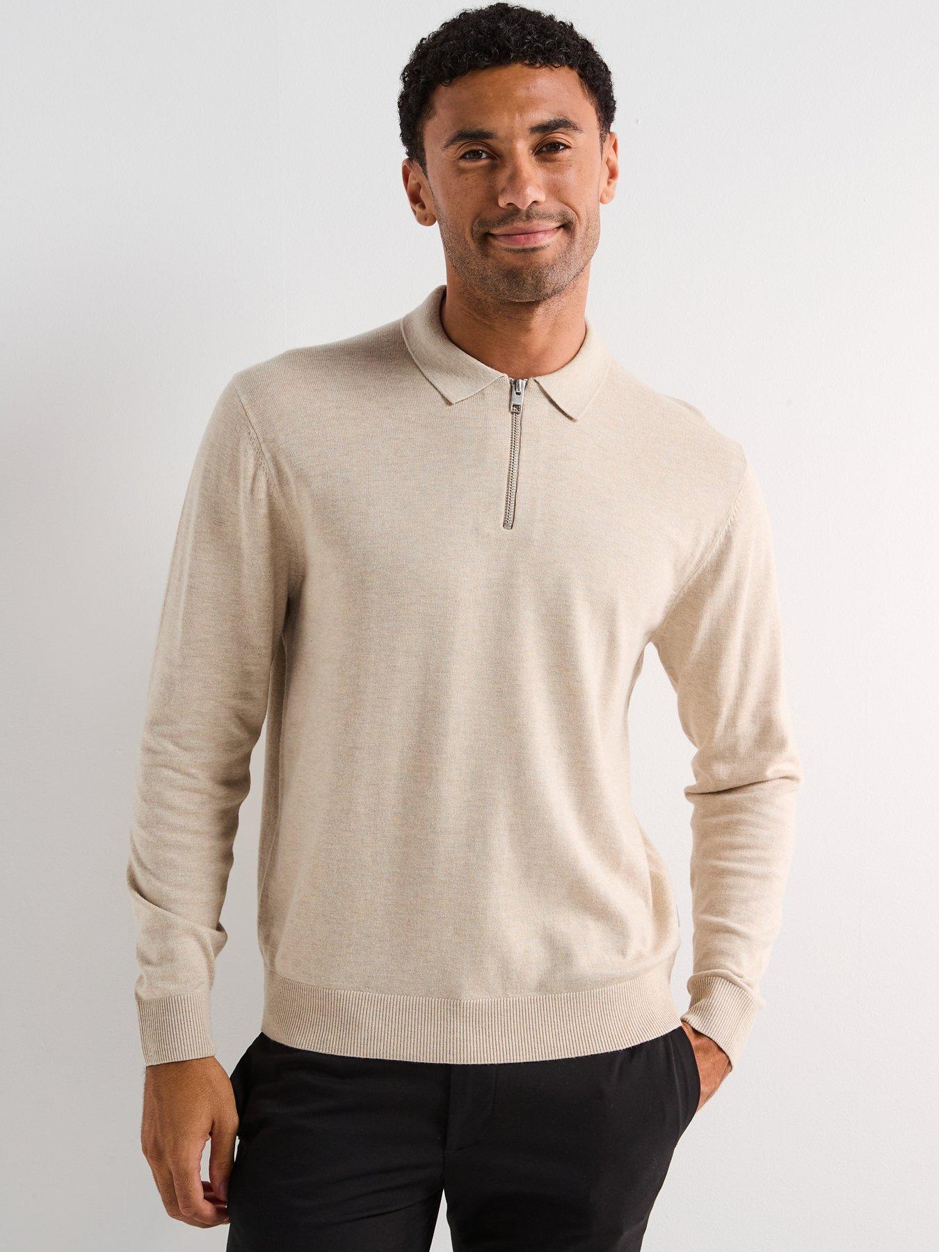 Image 1 of 6 of Jack & Jones Emil Long Sleeve Half Zip Knitted Polo Shirt - Light Beige