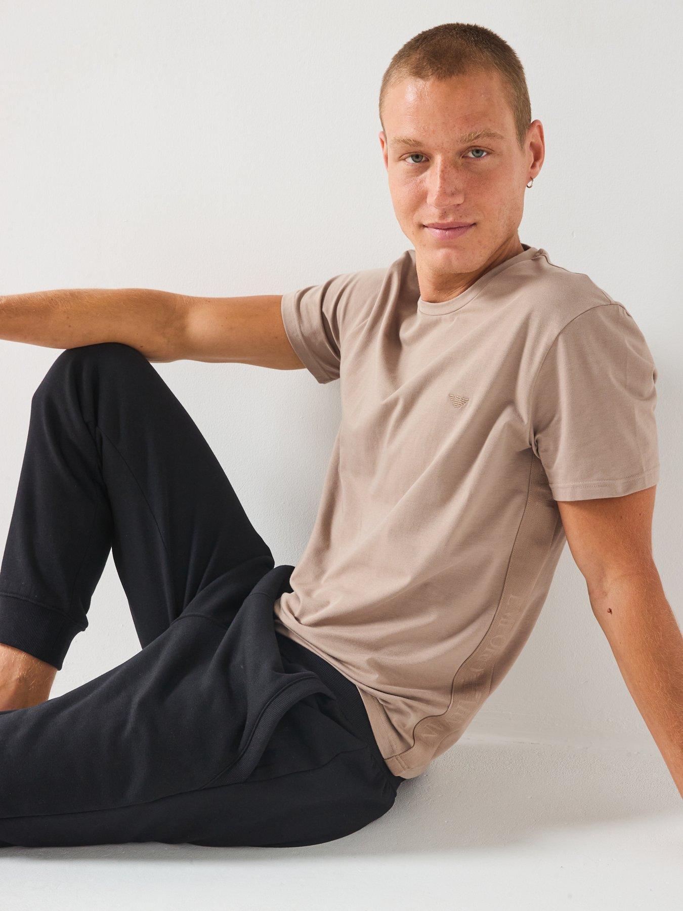  image of emporio-armani-bodywear-taped-crew-neck-lounge-t-shirt-light-brown