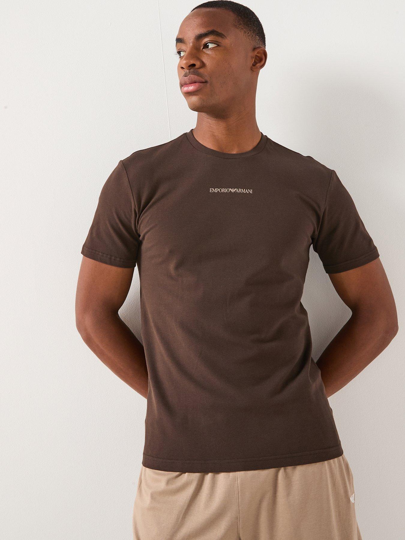  image of emporio-armani-bodywear-stretch-piquet-crew-neck-lounge-t-shirt-dark-brown