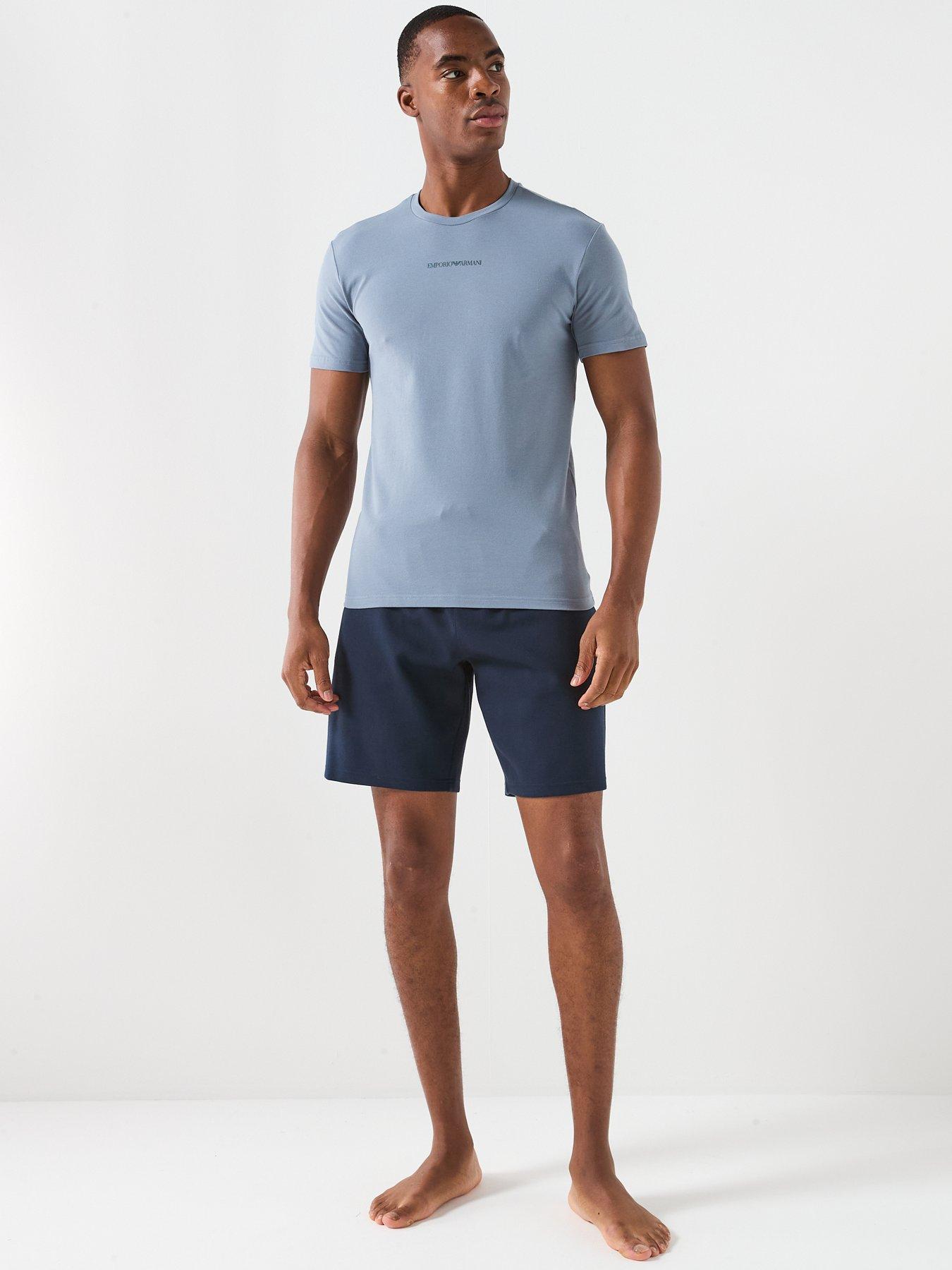  image of emporio-armani-bodywear-stretch-piquet-crew-neck-lounge-t-shirt-blue