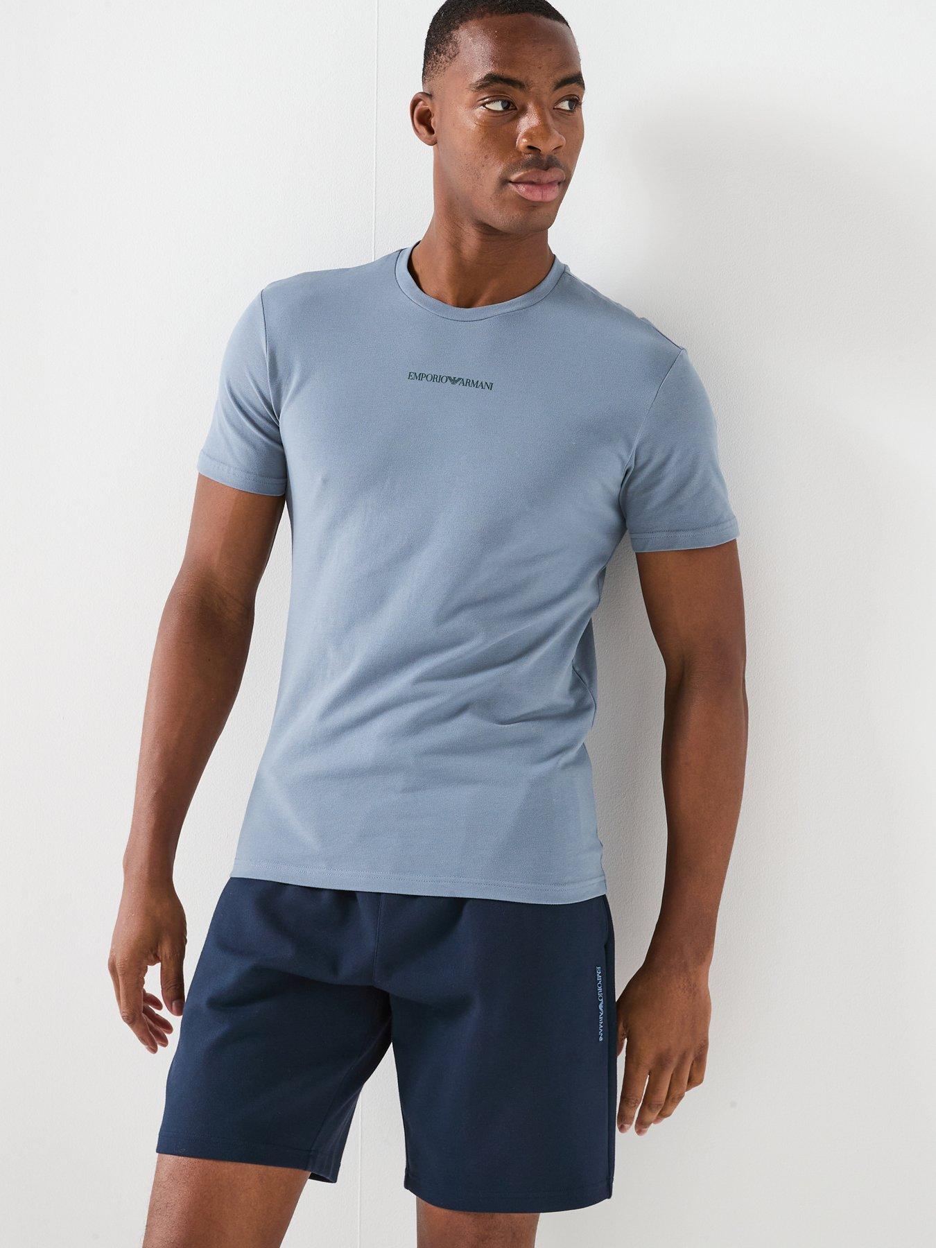  image of emporio-armani-bodywear-stretch-piquet-crew-neck-lounge-t-shirt-blue