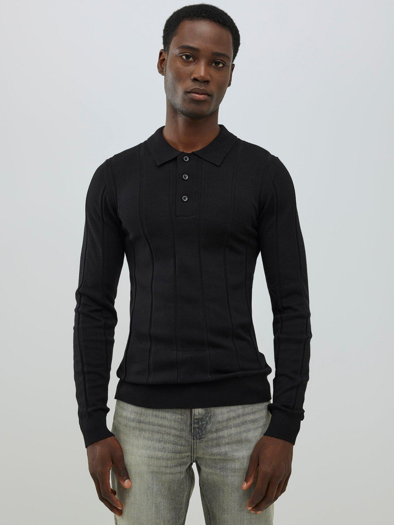 River Island Long Sleeve Ribbed Muscle Fit Knitted Polo Shirt - Black