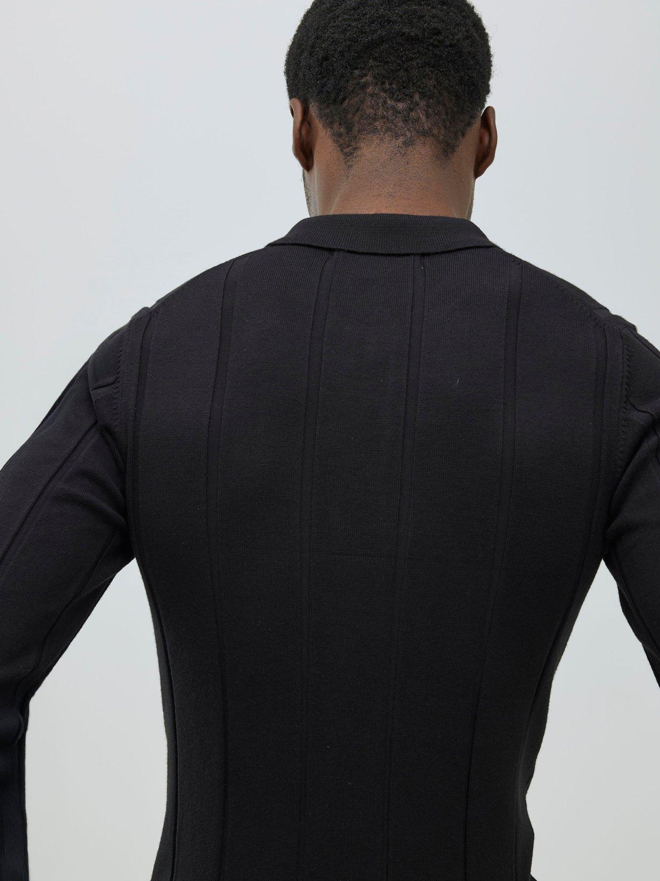Image 2 of 4 of River Island Long Sleeve Ribbed Muscle Fit Knitted Polo Shirt - Black