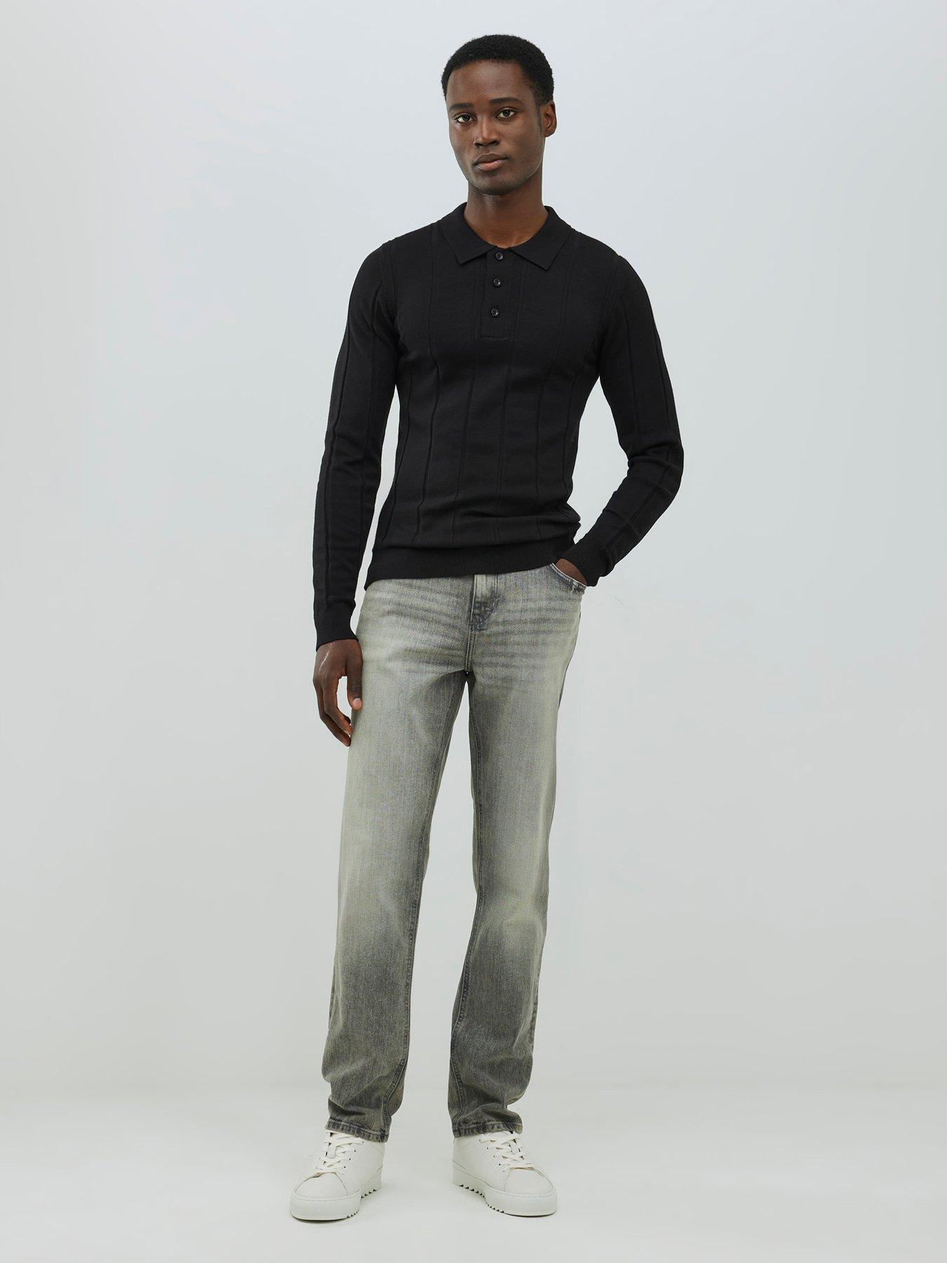 Image 3 of 4 of River Island Long Sleeve Ribbed Muscle Fit Knitted Polo Shirt - Black