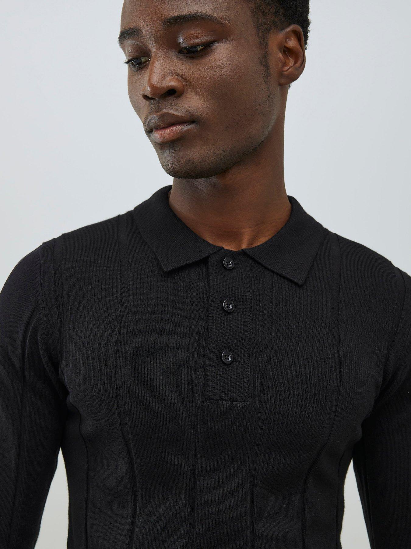 Image 4 of 4 of River Island Long Sleeve Ribbed Muscle Fit Knitted Polo Shirt - Black