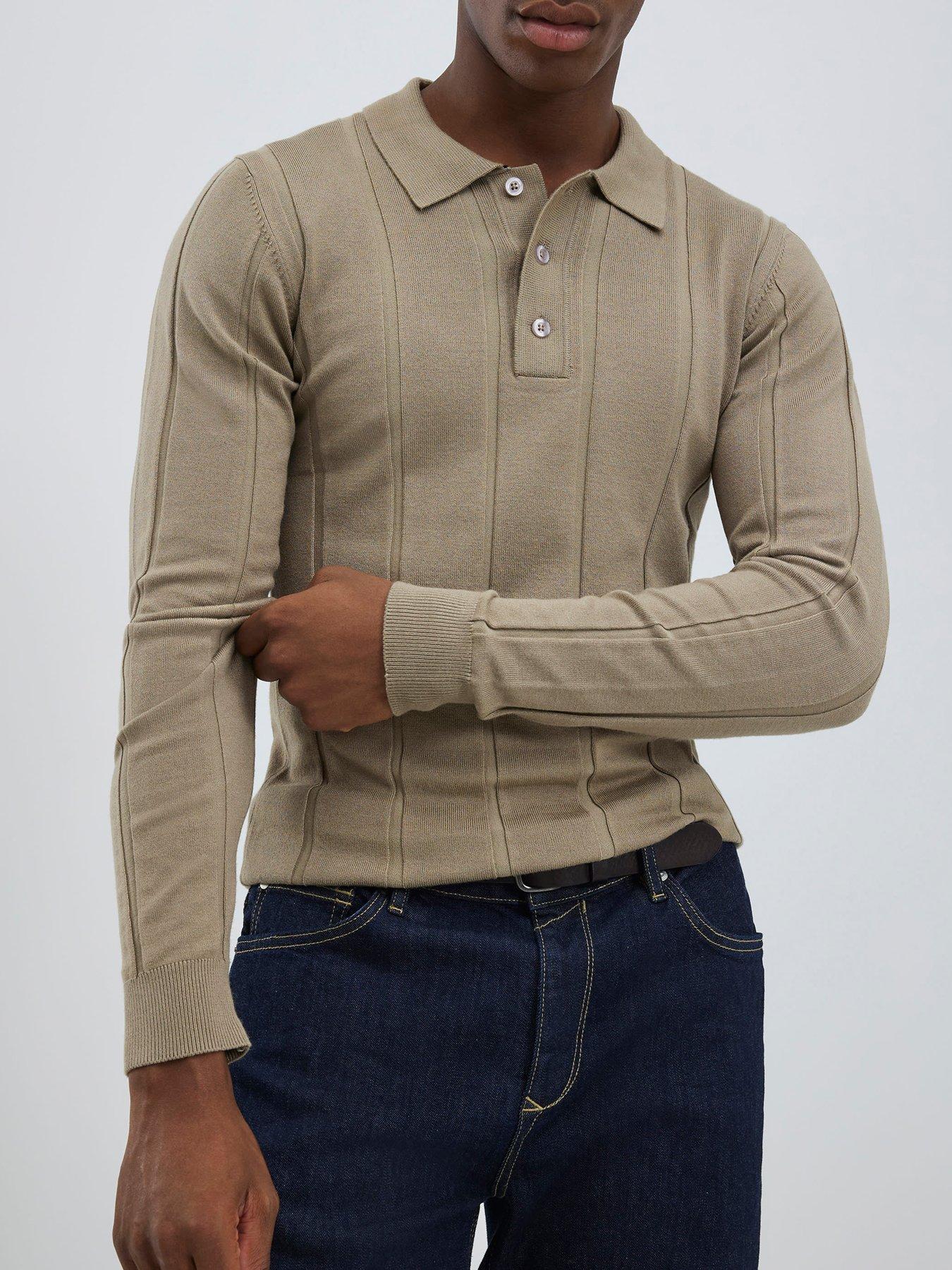 Image 1 of 4 of River Island Long Sleeve Ribbed Muscle Fit Knitted Polo Shirt - Beige