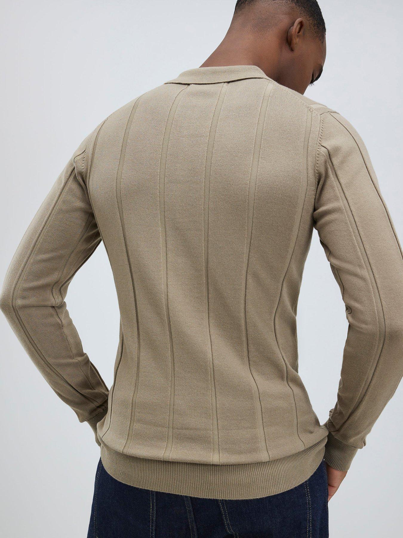 Image 2 of 4 of River Island Long Sleeve Ribbed Muscle Fit Knitted Polo Shirt - Beige