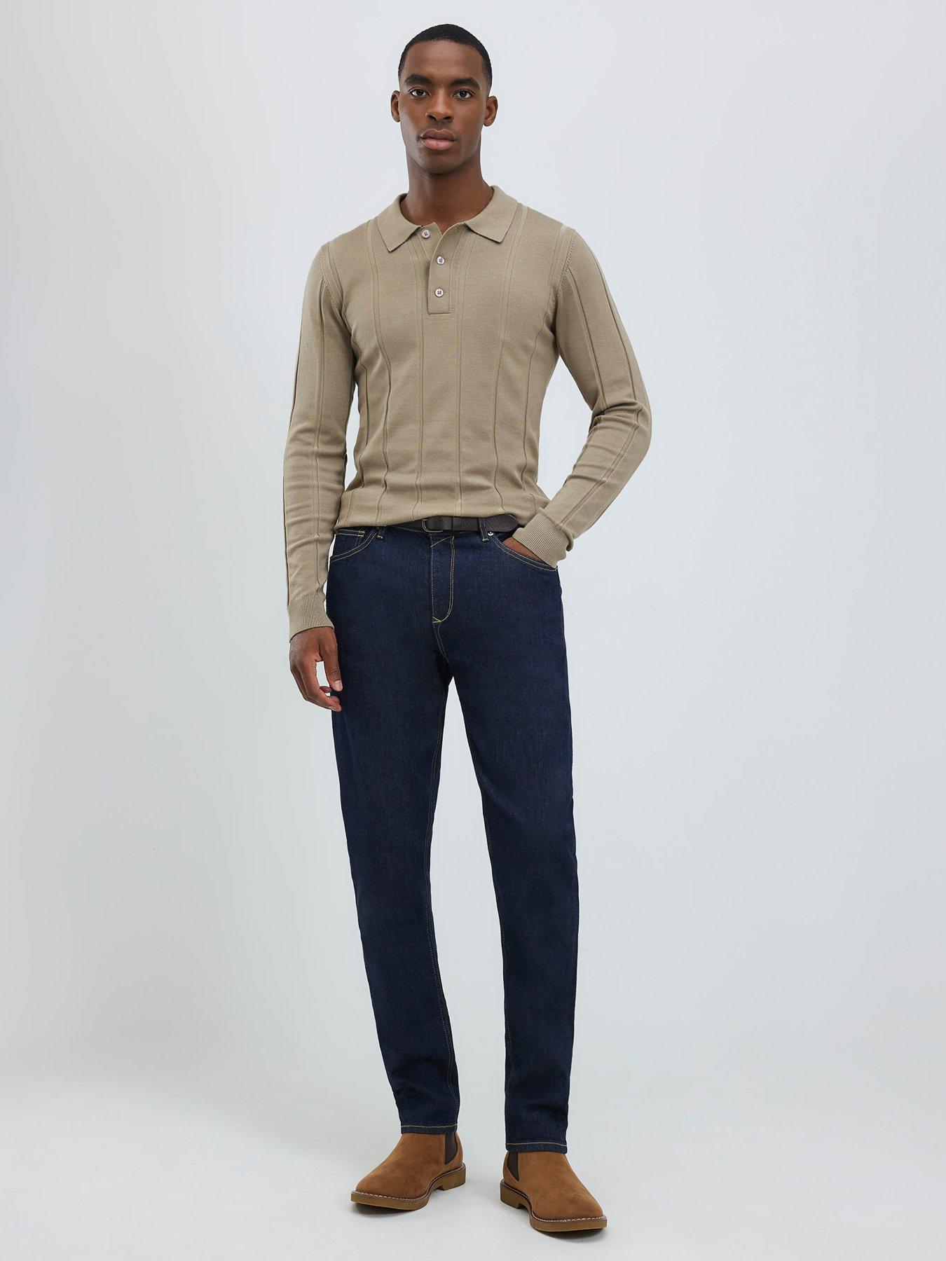 Image 3 of 4 of River Island Long Sleeve Ribbed Muscle Fit Knitted Polo Shirt - Beige