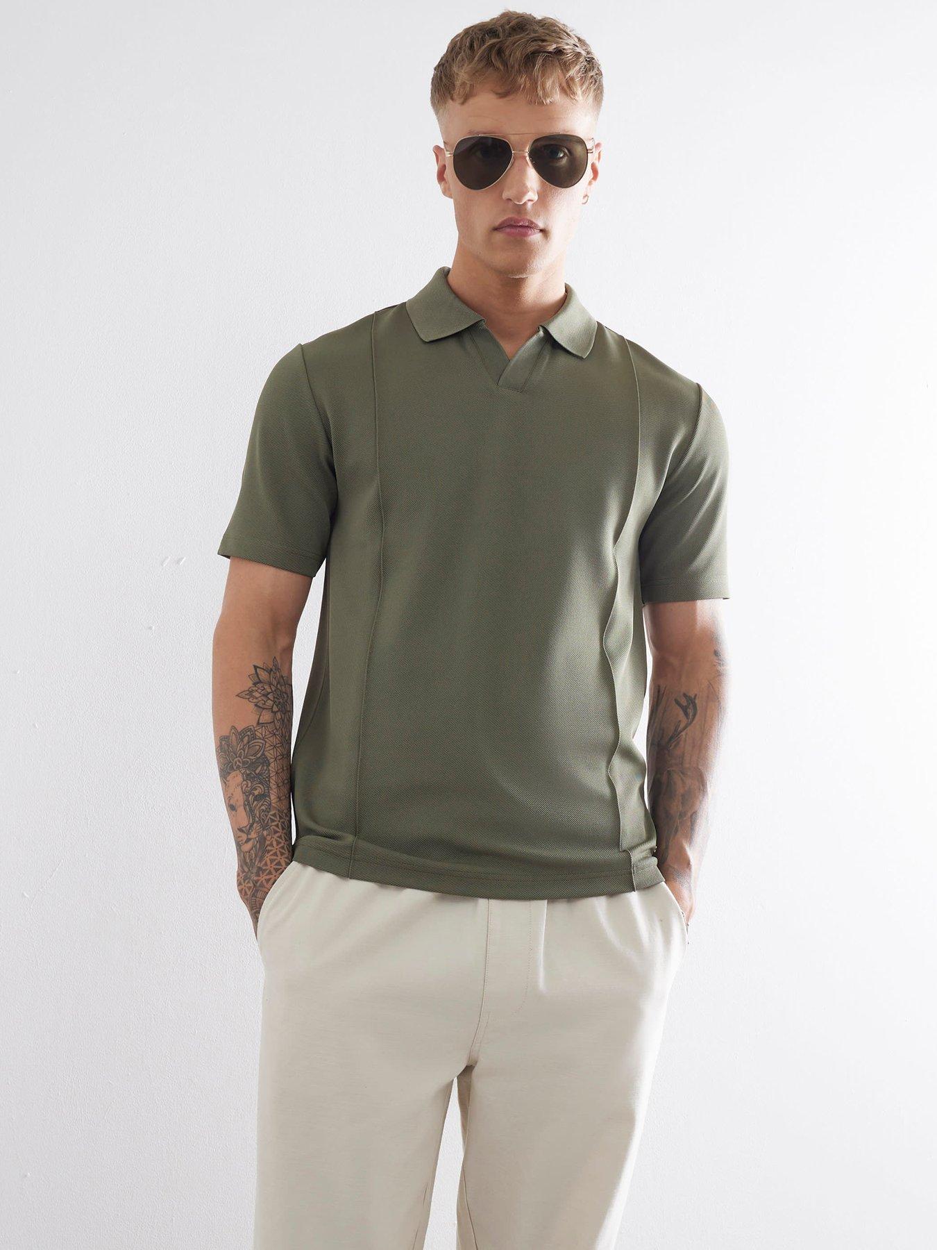 undefined Pintuck Open Collar Polo Shirt - Khaki