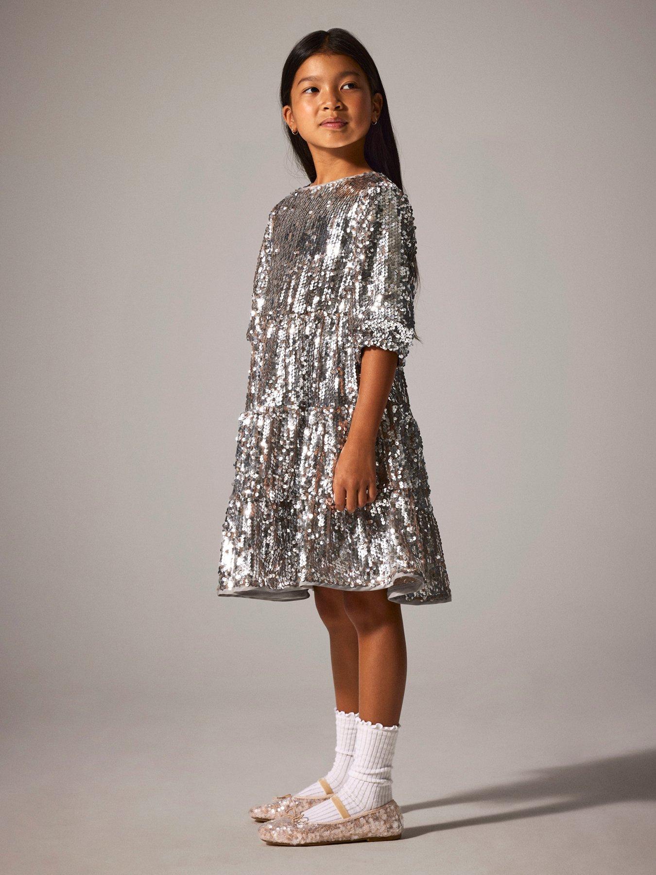 Name It Girls Sequin 3/4 Sleeve Dress - Silver