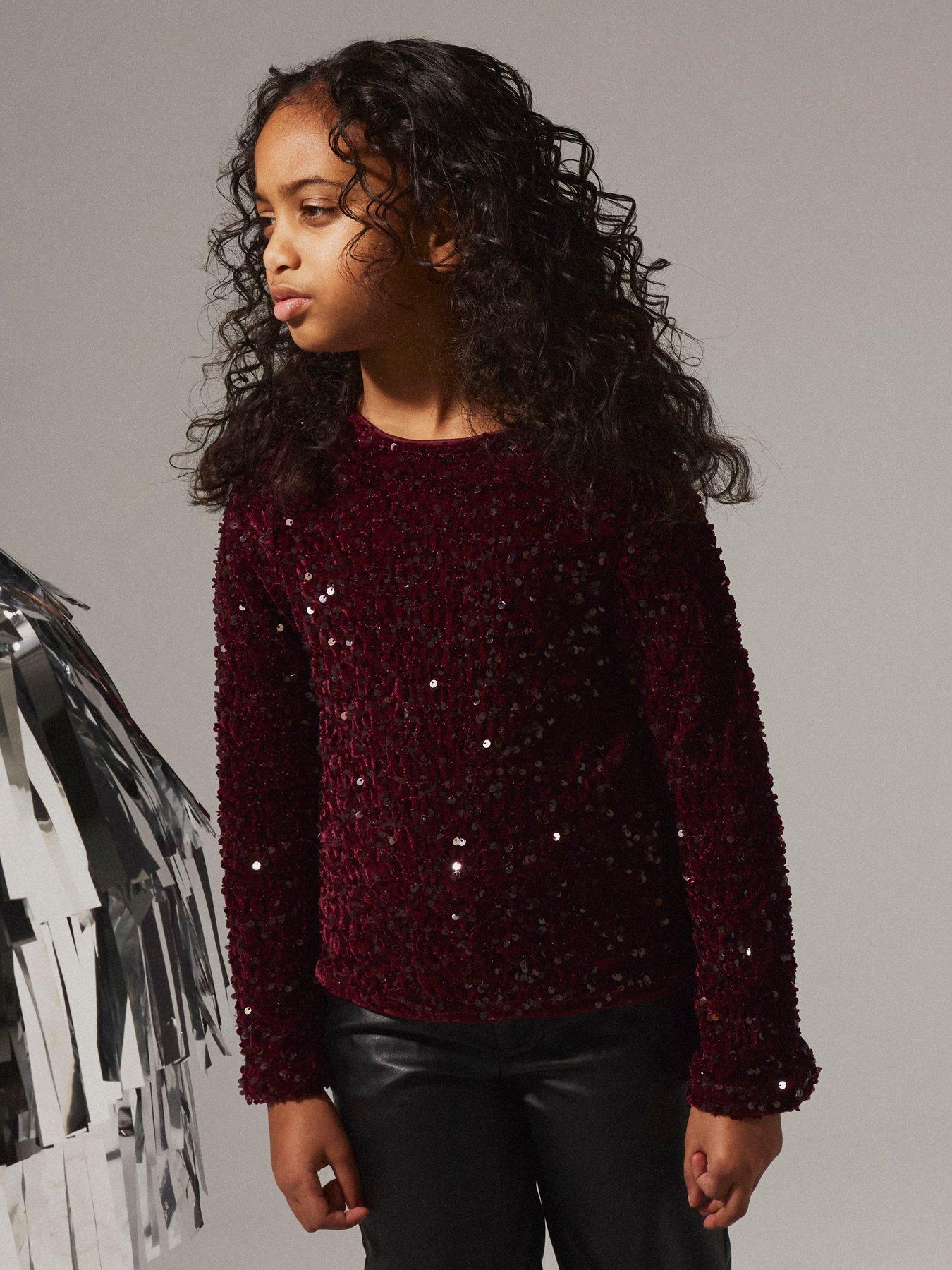 Name It Girls Bow Back Sequin Long Sleeve Top - Dark Red