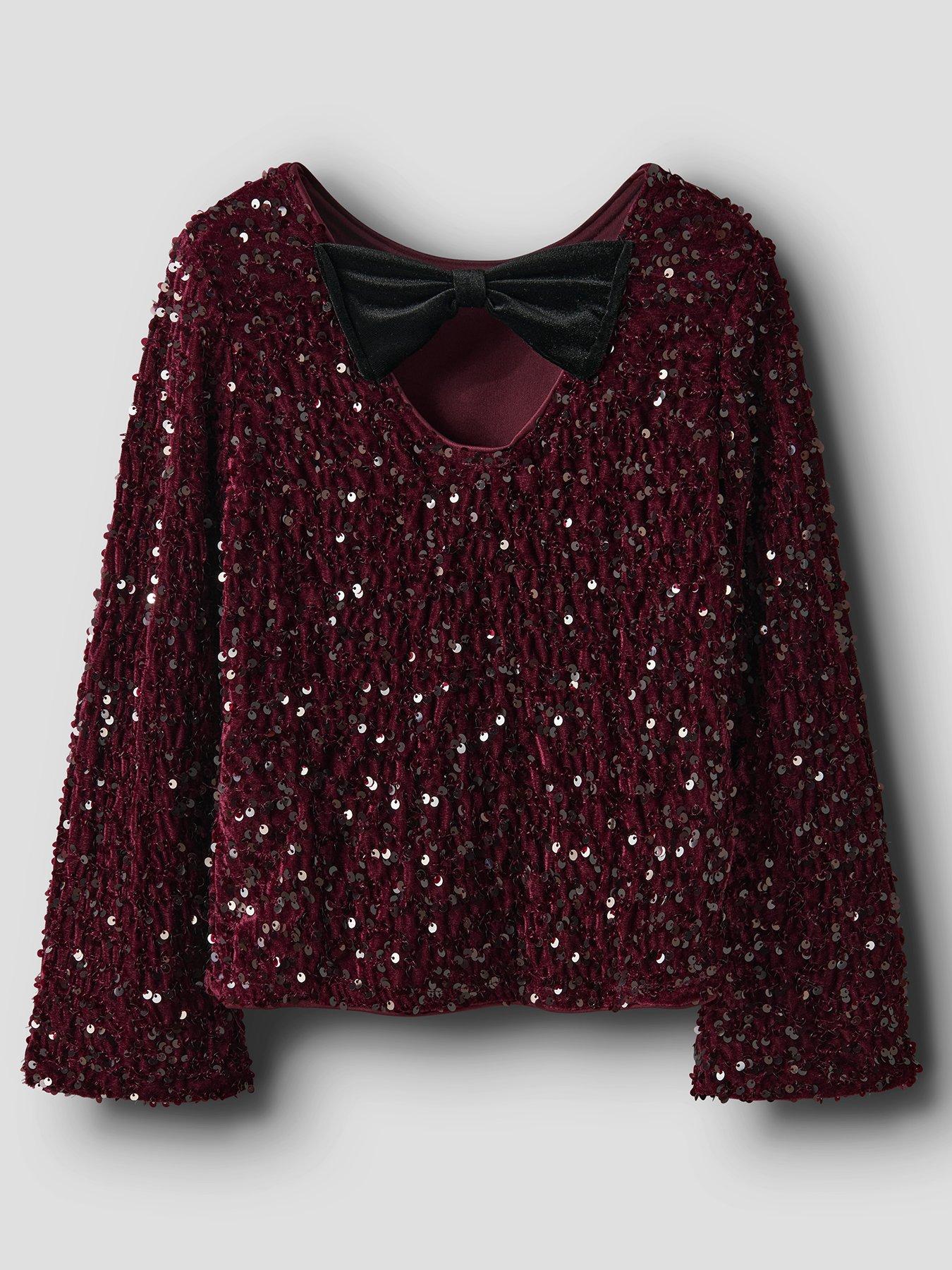  image of name-it-girls-bow-back-sequin-long-sleeve-top-dark-red