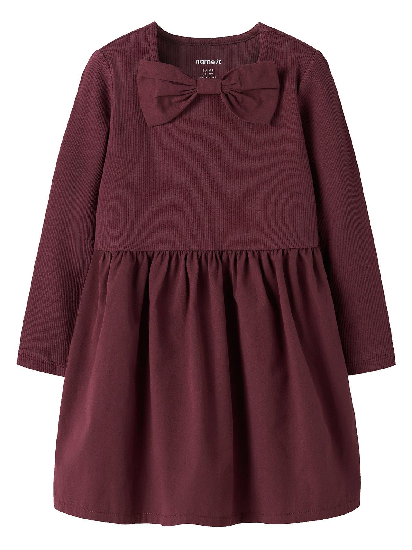 Name It Mini Girls Bow Long Sleeve Dress - Dark Red