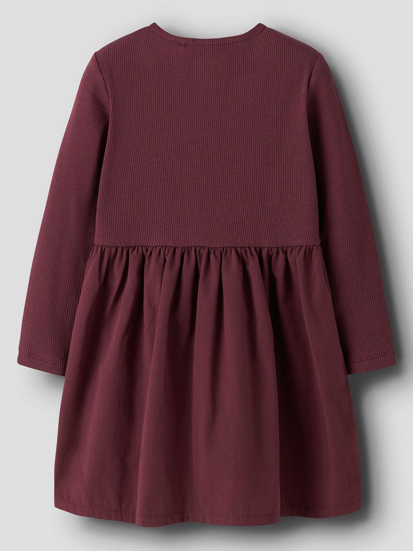  image of name-it-mini-girls-bow-long-sleeve-dress-dark-red