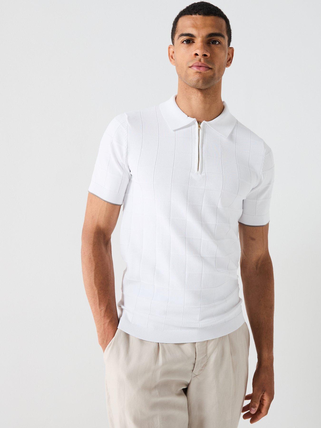 Image 1 of 5 of River Island Short Sleeve Textured Muscle Fit Knitted Polo Shirt - White