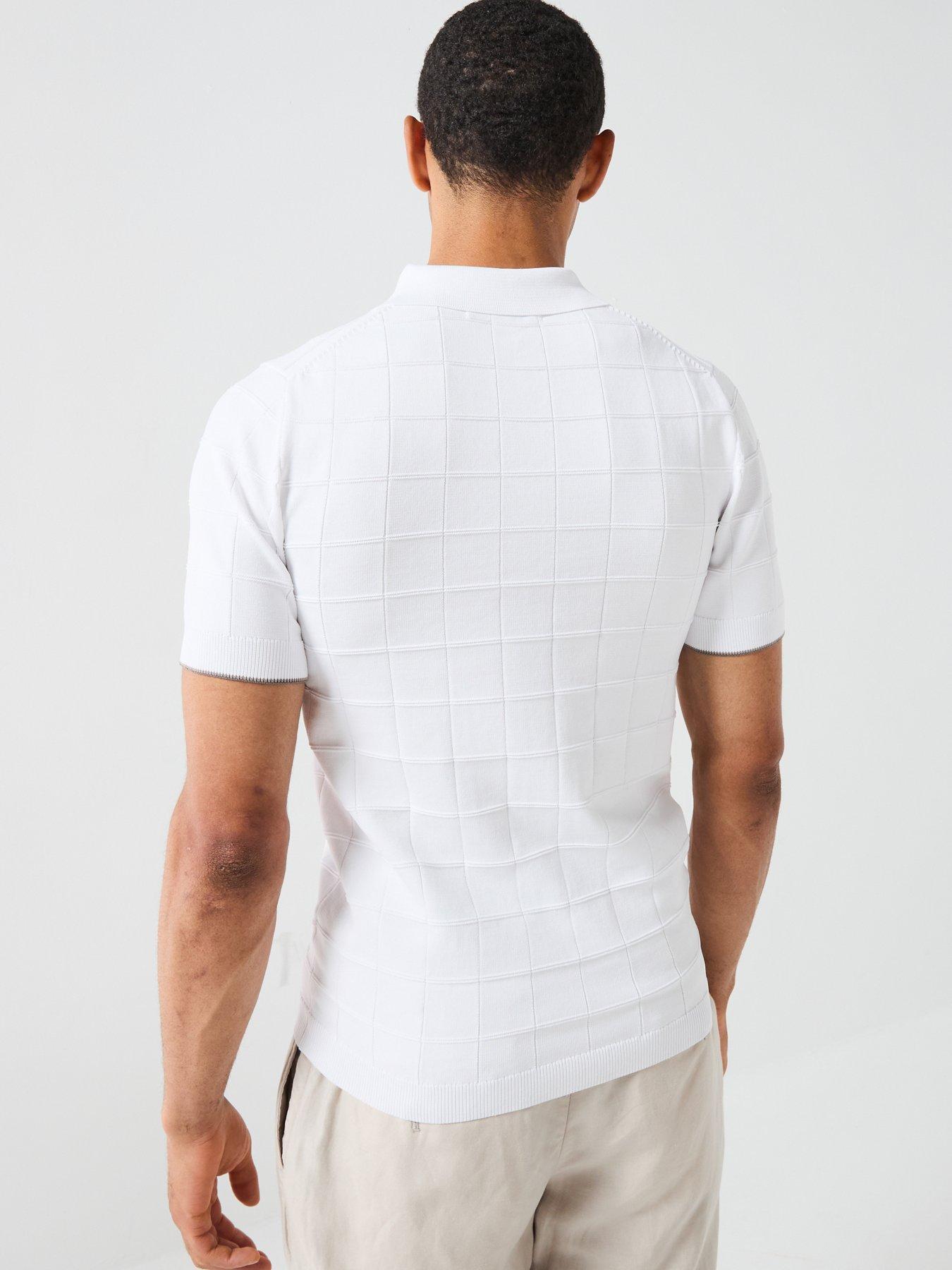 Image 2 of 5 of River Island Short Sleeve Textured Muscle Fit Knitted Polo Shirt - White
