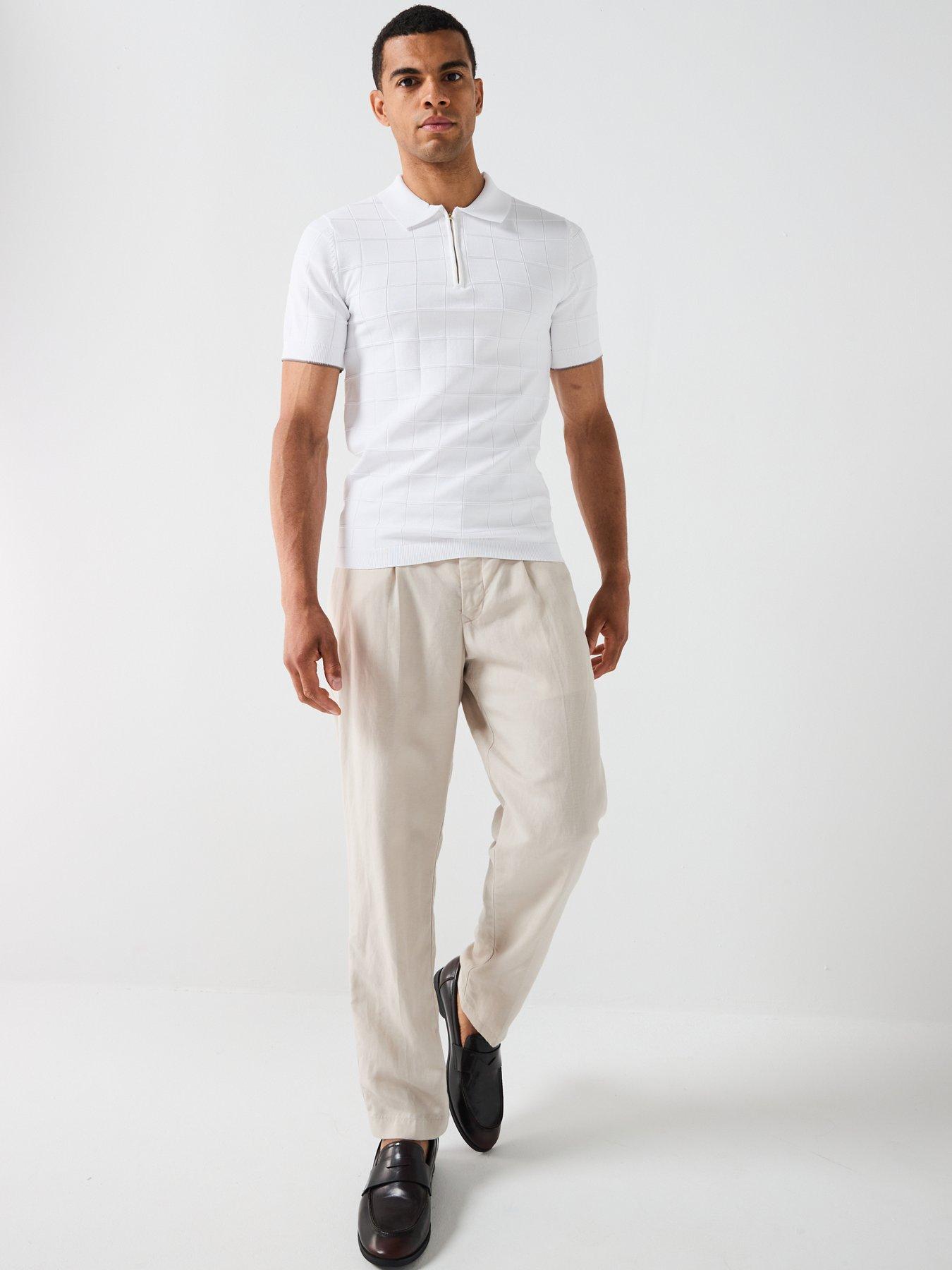 Image 3 of 5 of River Island Short Sleeve Textured Muscle Fit Knitted Polo Shirt - White