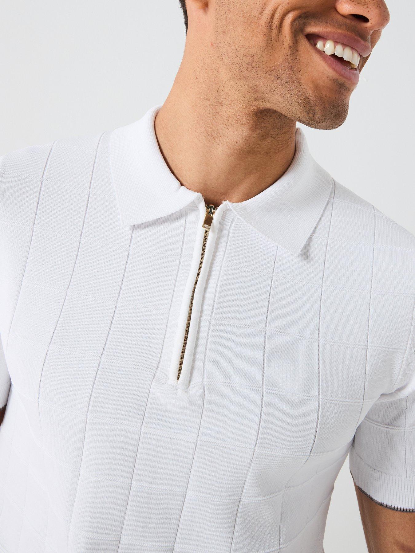 Image 4 of 5 of River Island Short Sleeve Textured Muscle Fit Knitted Polo Shirt - White