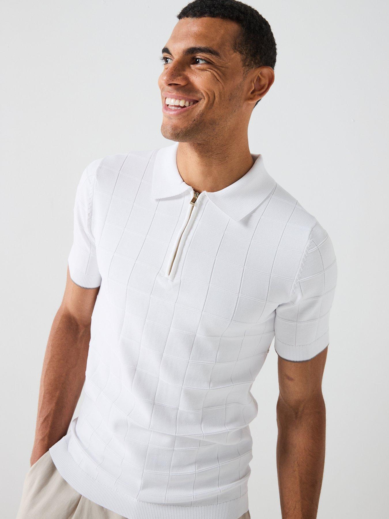  image of river-island-short-sleeve-textured-muscle-fit-knitted-polo-shirt-white