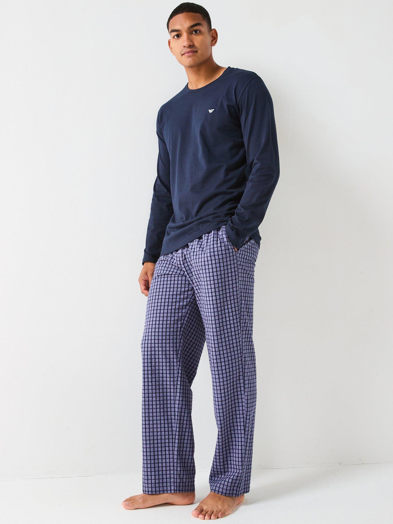  image of emporio-armani-bodywear-yarn-dyed-woven-long-pyjama-set-dark-blue