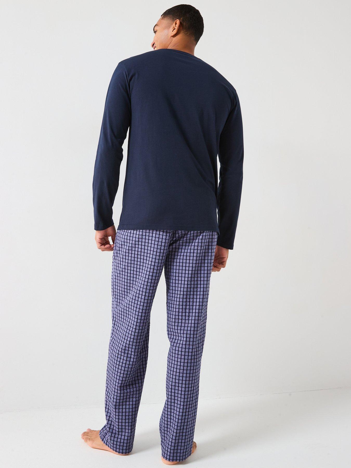 stillFront image of emporio-armani-bodywear-yarn-dyed-woven-long-pyjama-set-dark-blue