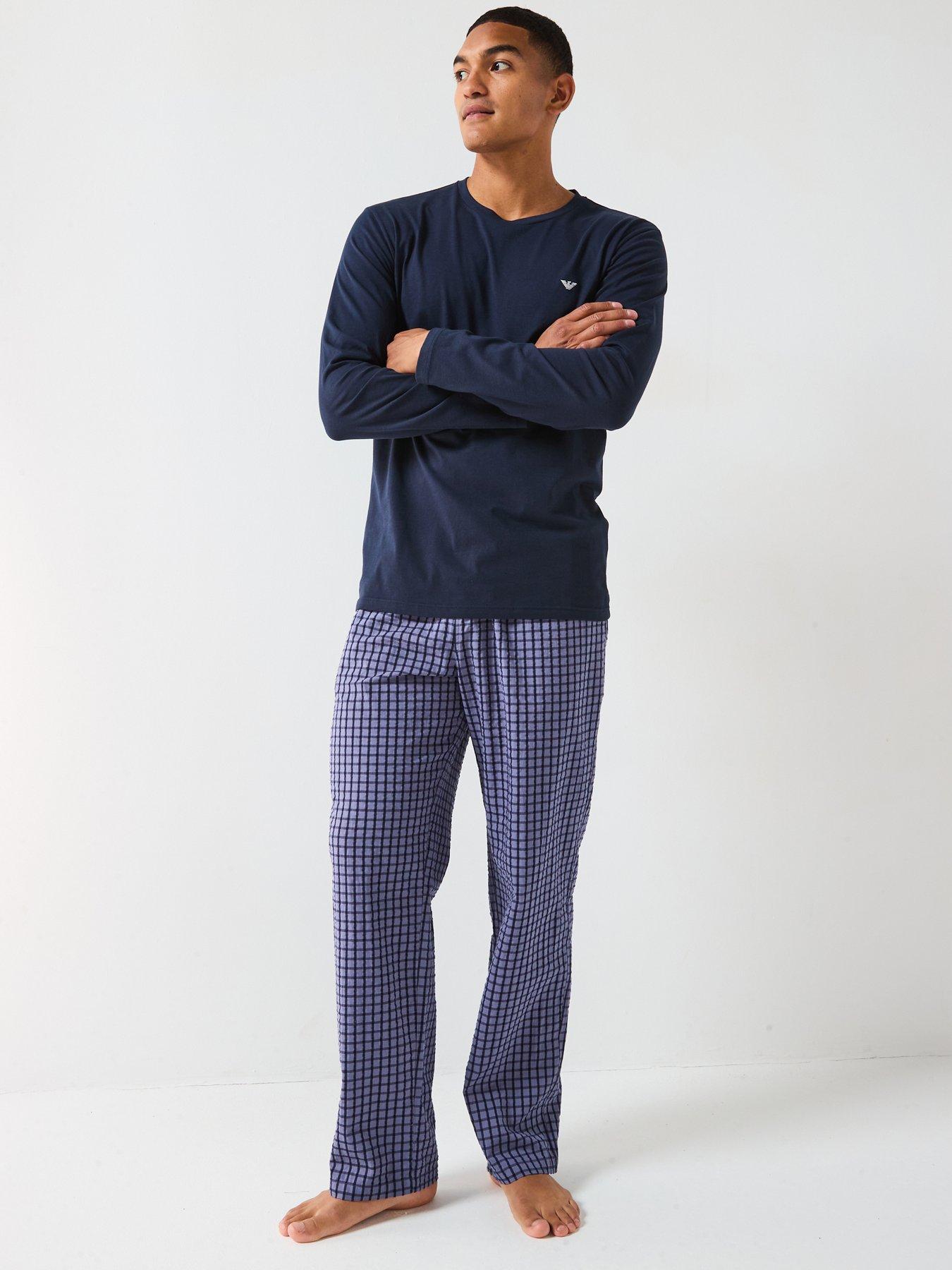  image of emporio-armani-bodywear-yarn-dyed-woven-long-pyjama-set-dark-blue