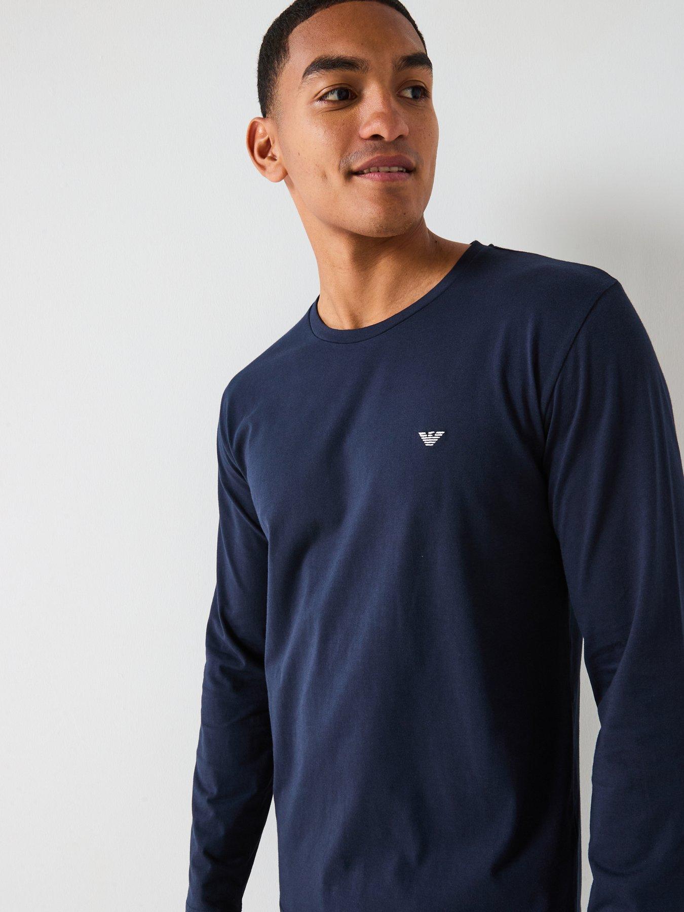  image of emporio-armani-bodywear-yarn-dyed-woven-long-pyjama-set-dark-blue