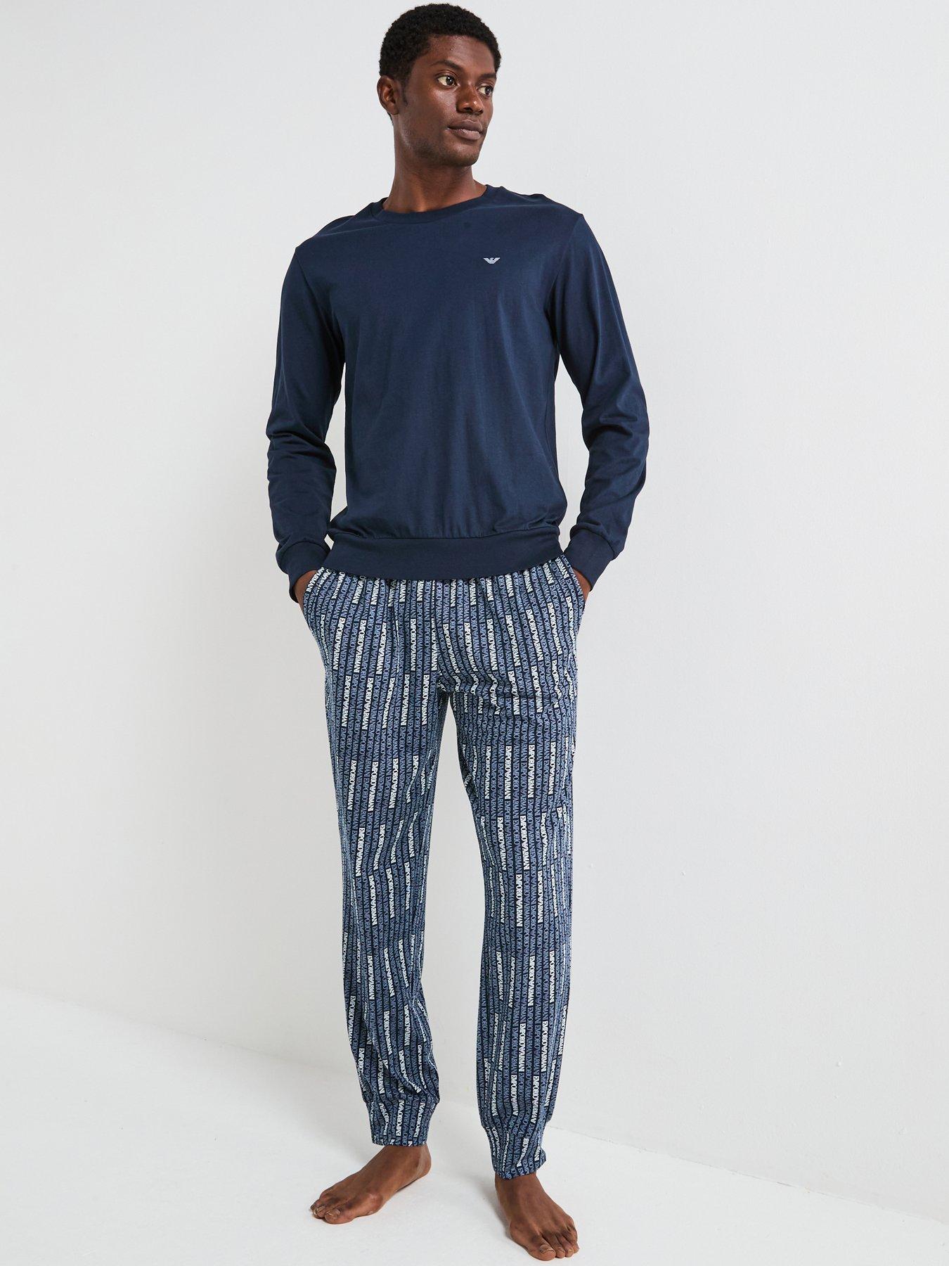 Image 1 of 5 of Emporio Armani Bodywear Print/ Plain Jersey Pyjama Set - Navy