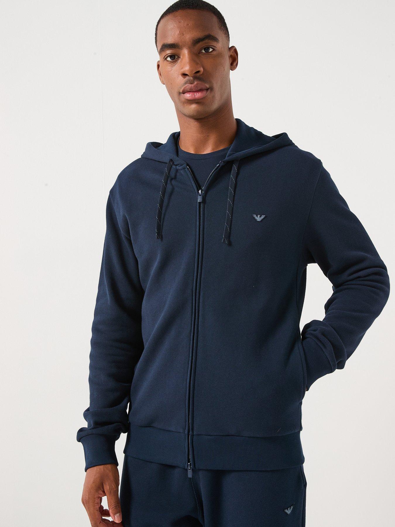 Emporio Armani Bodywear Iconic Piquet Zip Through Hooded Lounge Top - Navy