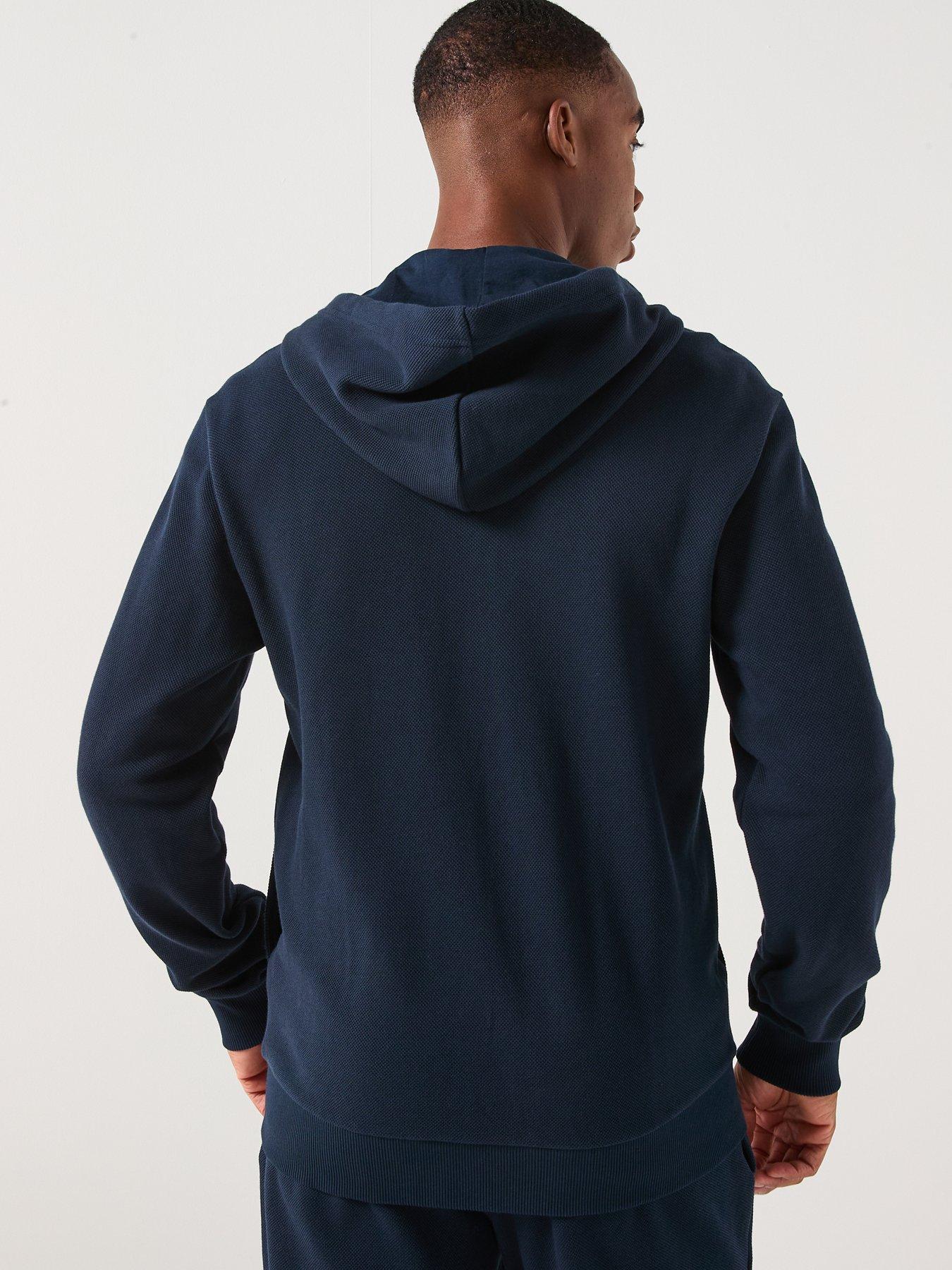  image of emporio-armani-bodywear-iconic-piquet-zip-through-hooded-lounge-top-navy