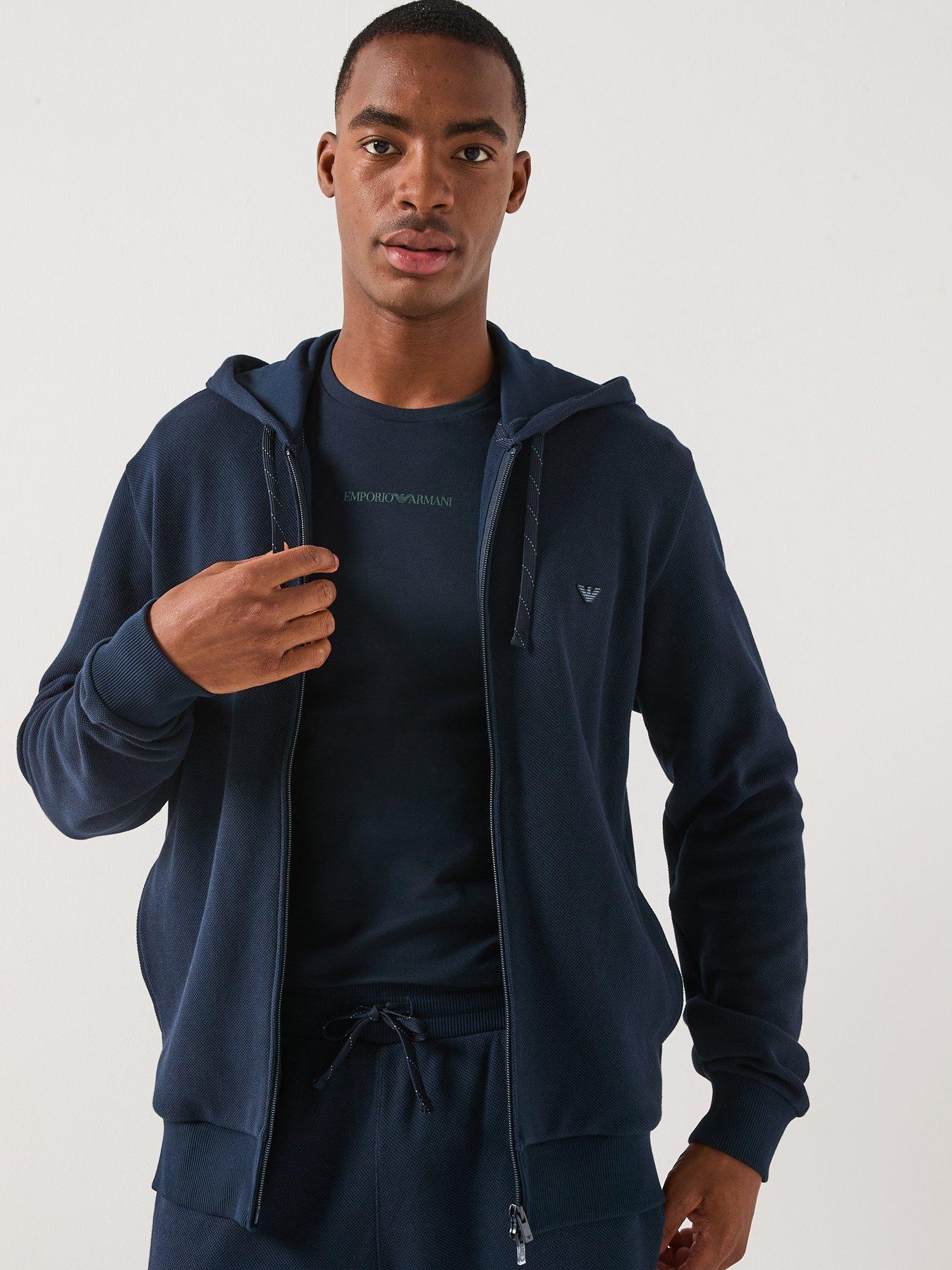 image of emporio-armani-bodywear-iconic-piquet-zip-through-hooded-lounge-top-navy