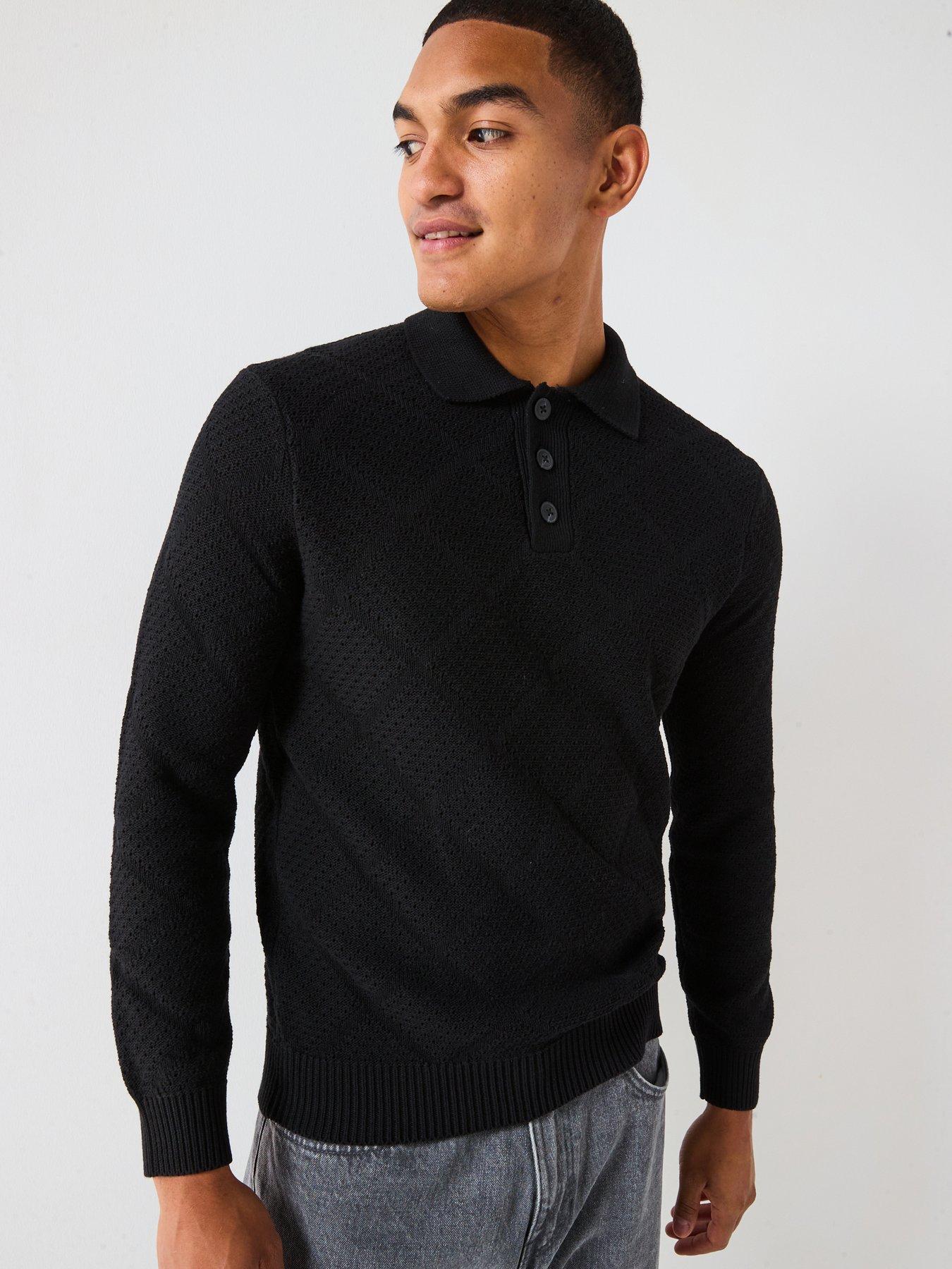 only-sons-map-long-sleeve-chevron-knitted-polo-black