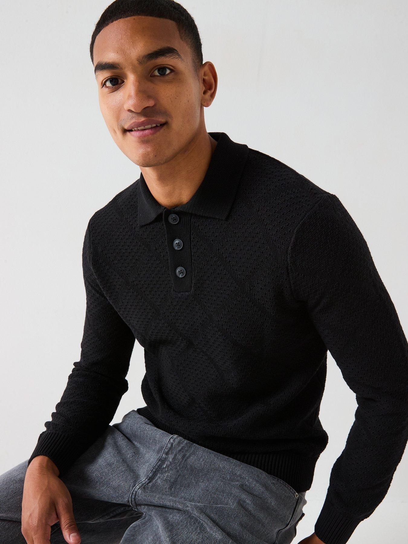 Image 5 of 5 of ONLY & SONS Map Long Sleeve Chevron Knitted Polo - Black