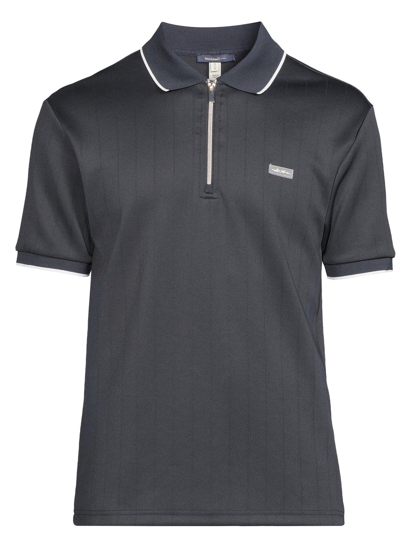 Image 6 of 6 of River Island Zip Through Tipped Polo Shirt - Navy