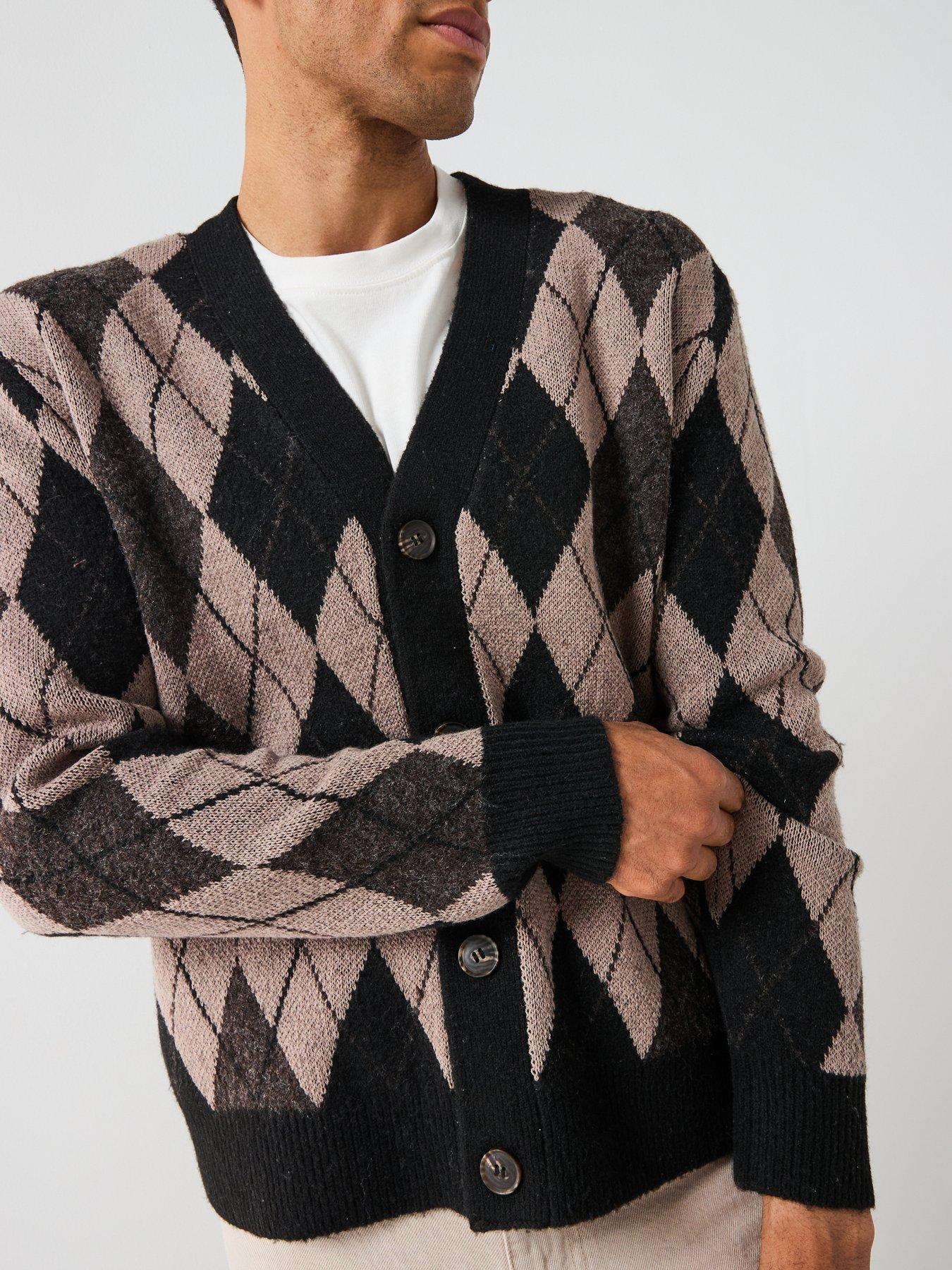  image of only-sons-allan-argyle-knitted-cardigan-black
