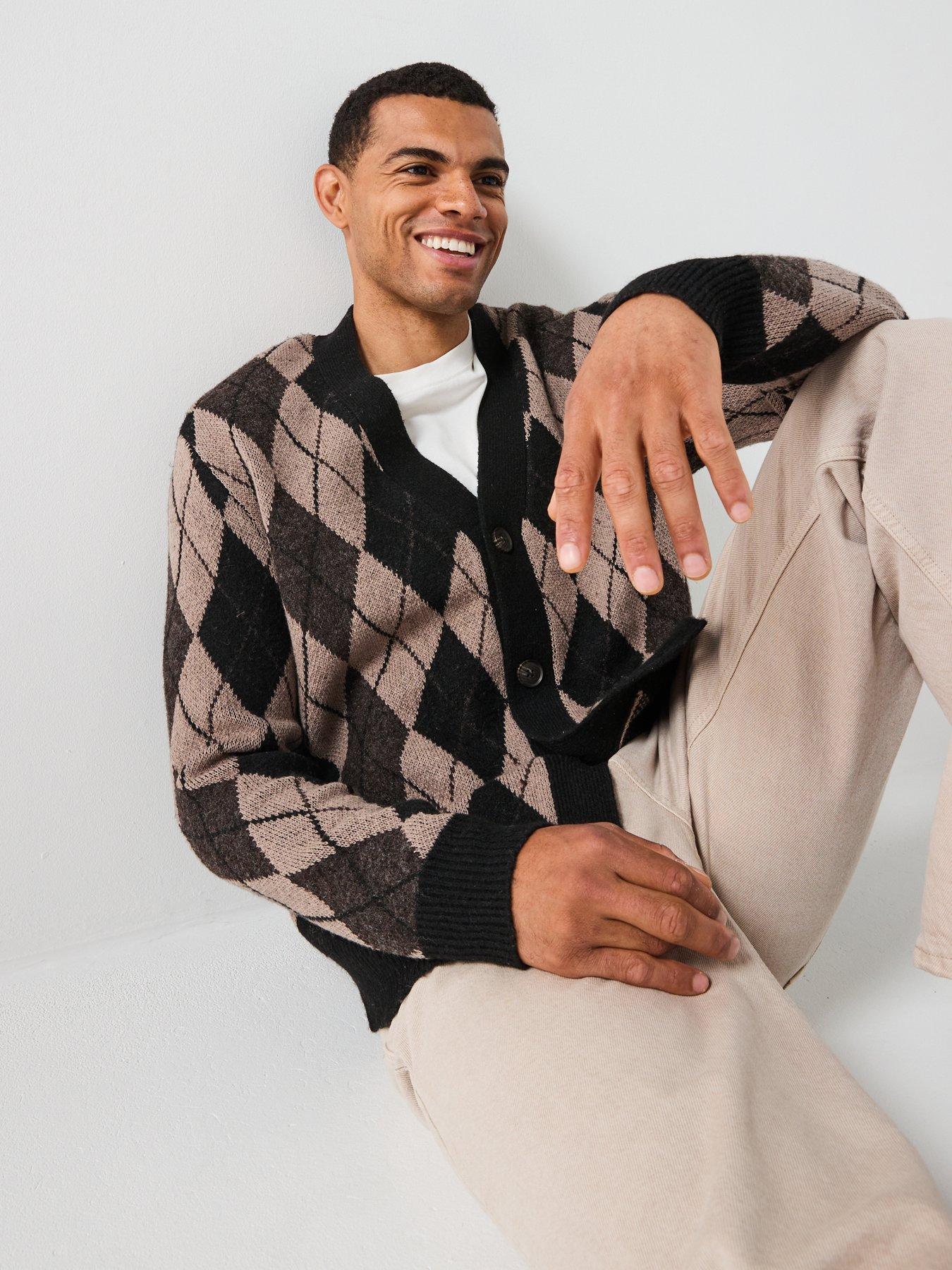  image of only-sons-allan-argyle-knitted-cardigan-black