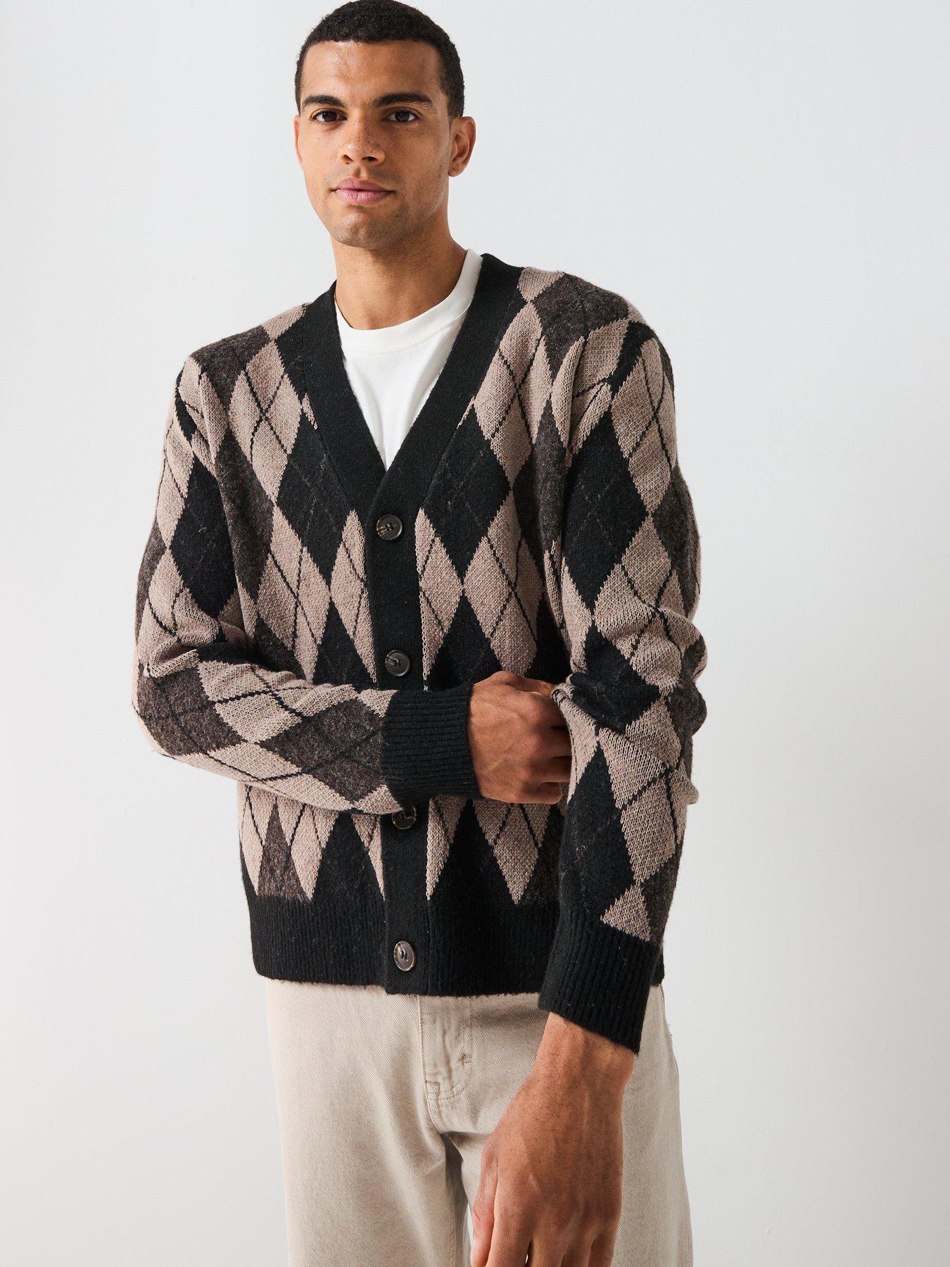 image of only-sons-allan-argyle-knitted-cardigan-black