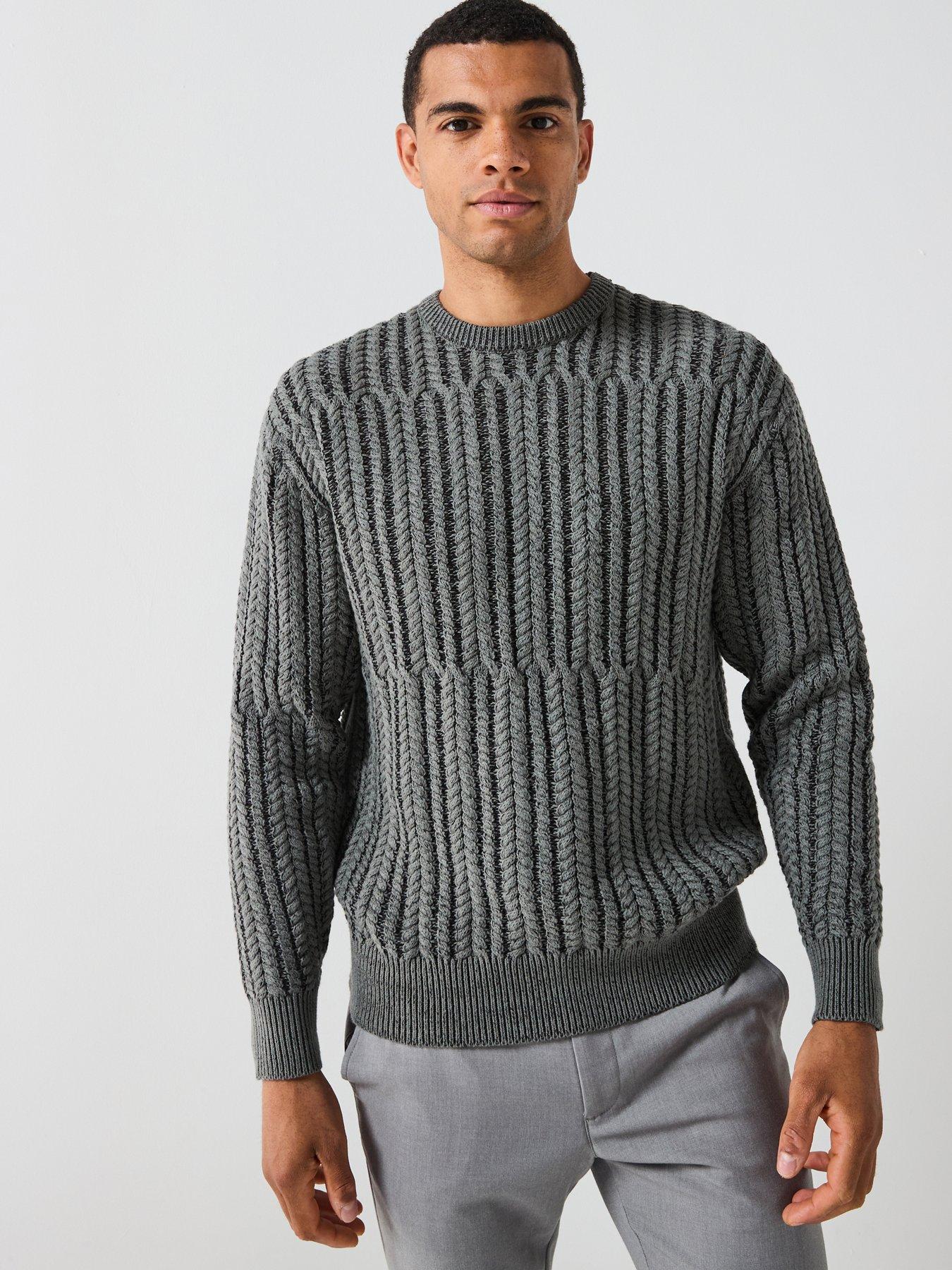  image of only-sons-relaxed-fit-cable-crew-neck-knitted-jumper-dark-grey