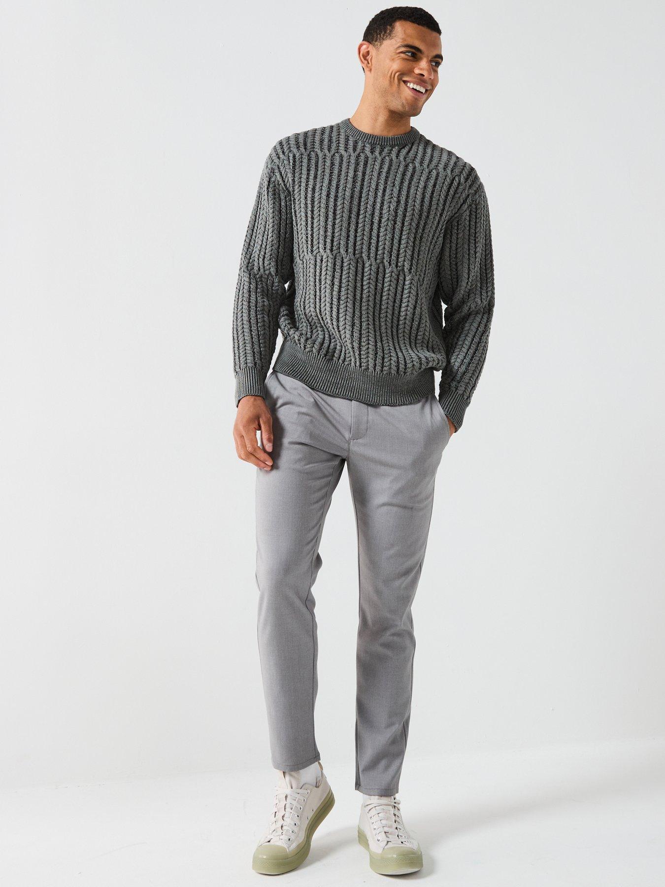  image of only-sons-relaxed-fit-cable-crew-neck-knitted-jumper-dark-grey