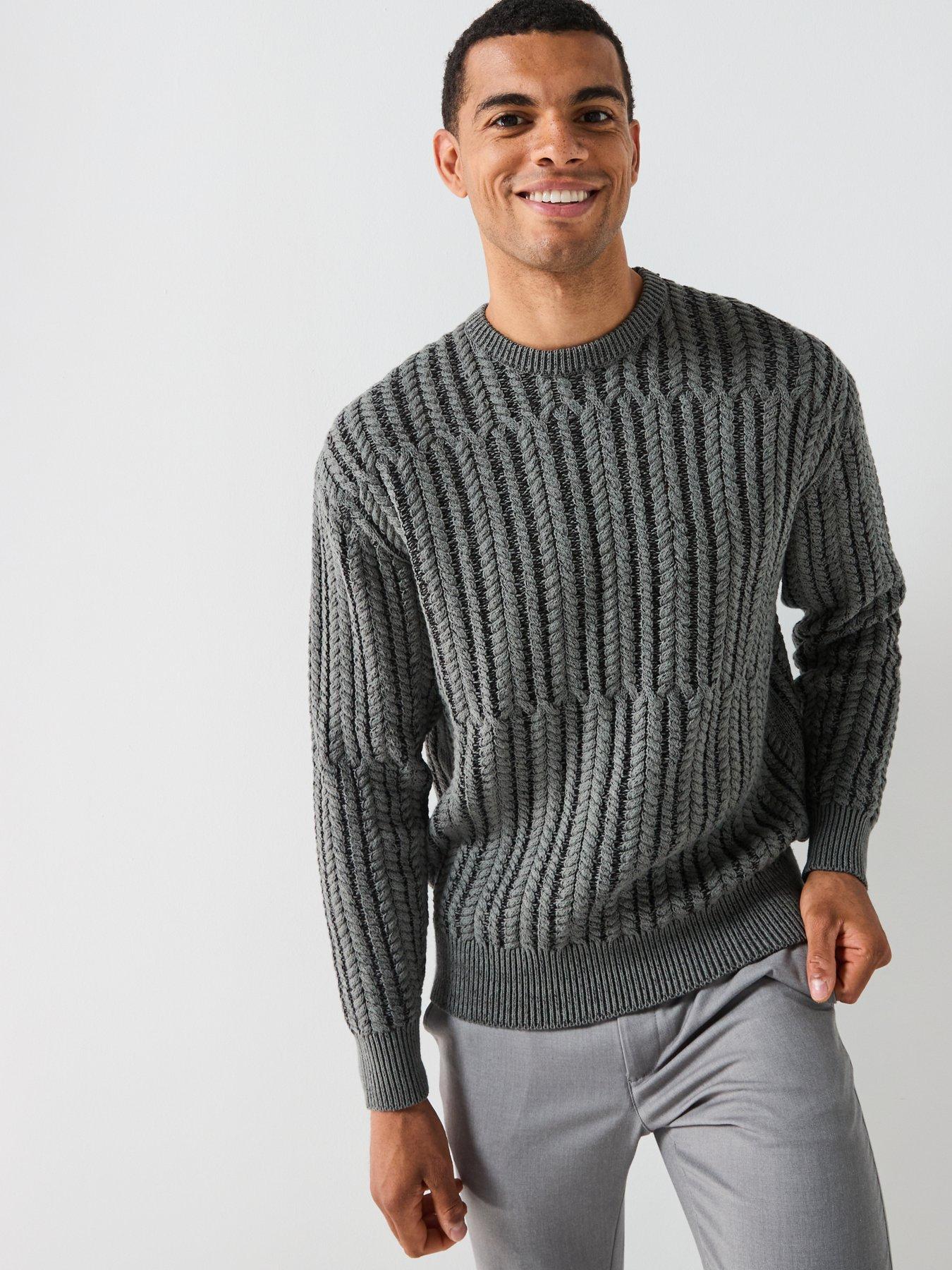 image of only-sons-relaxed-fit-cable-crew-neck-knitted-jumper-dark-grey