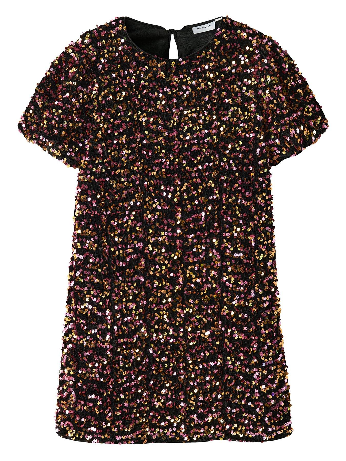 front image of name-it-girls-short-sleeve-sequin-dress-gold