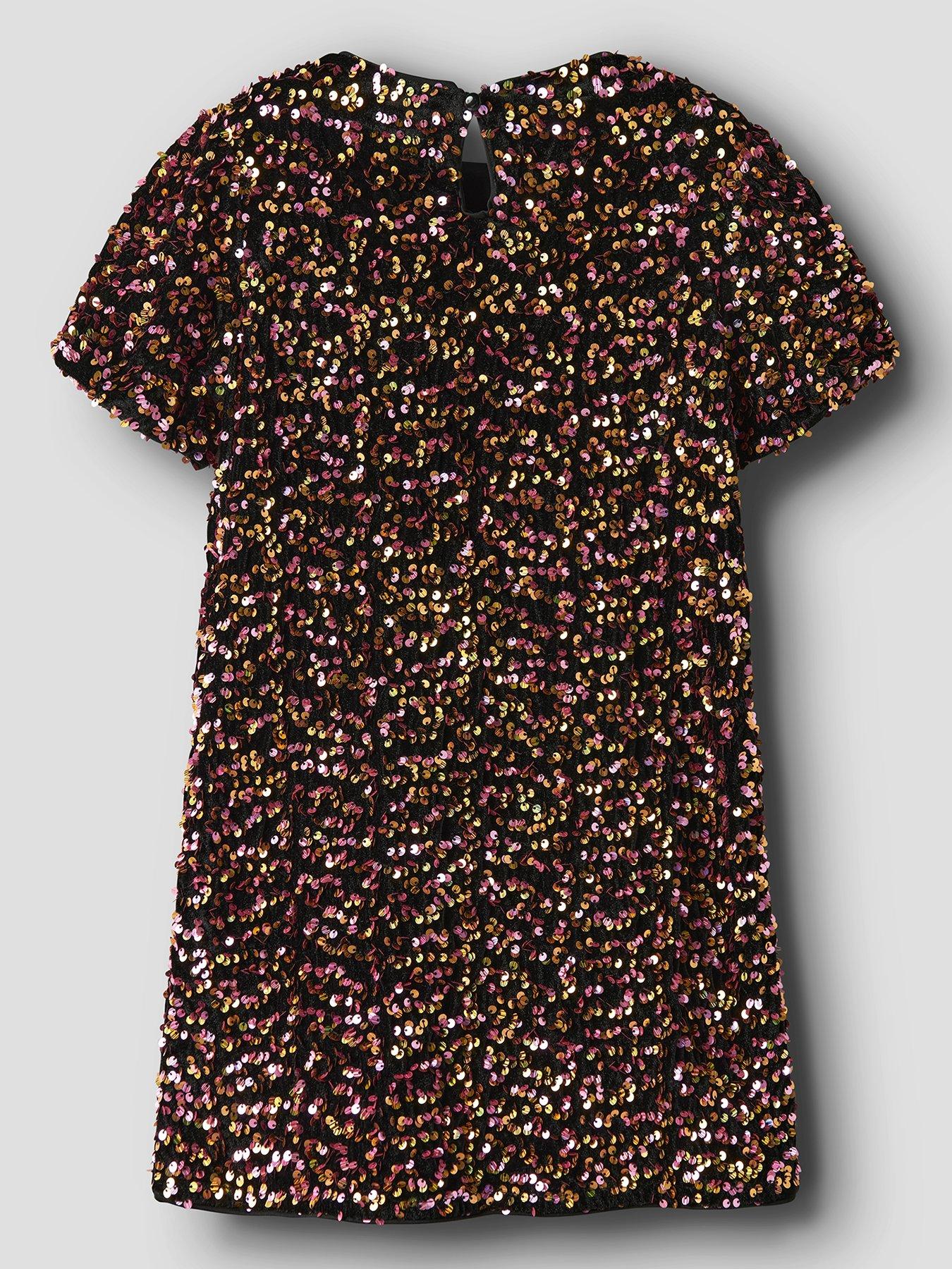 back image of name-it-girls-short-sleeve-sequin-dress-gold