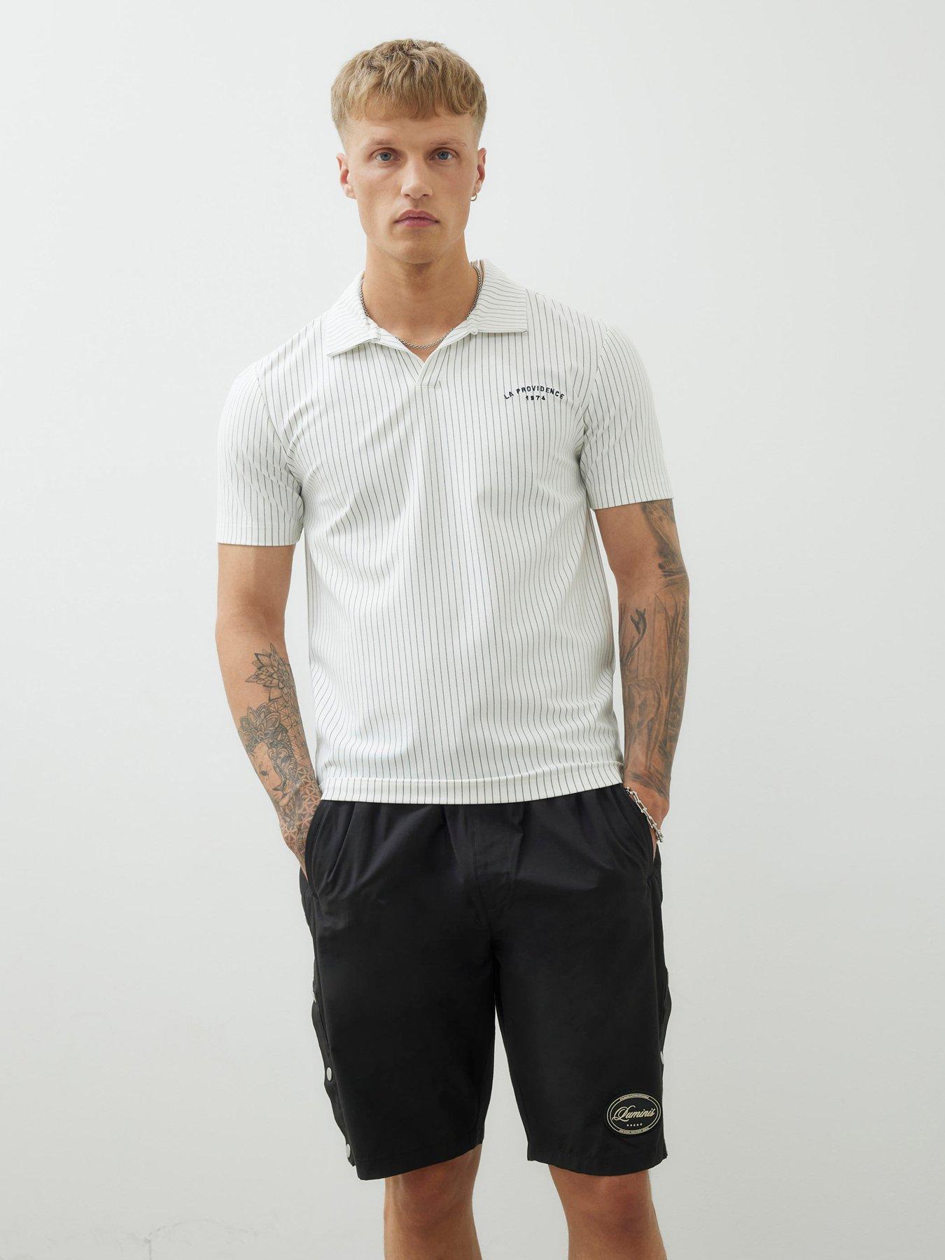 River Island Stripe Open Neck Polo Shirt - Cream