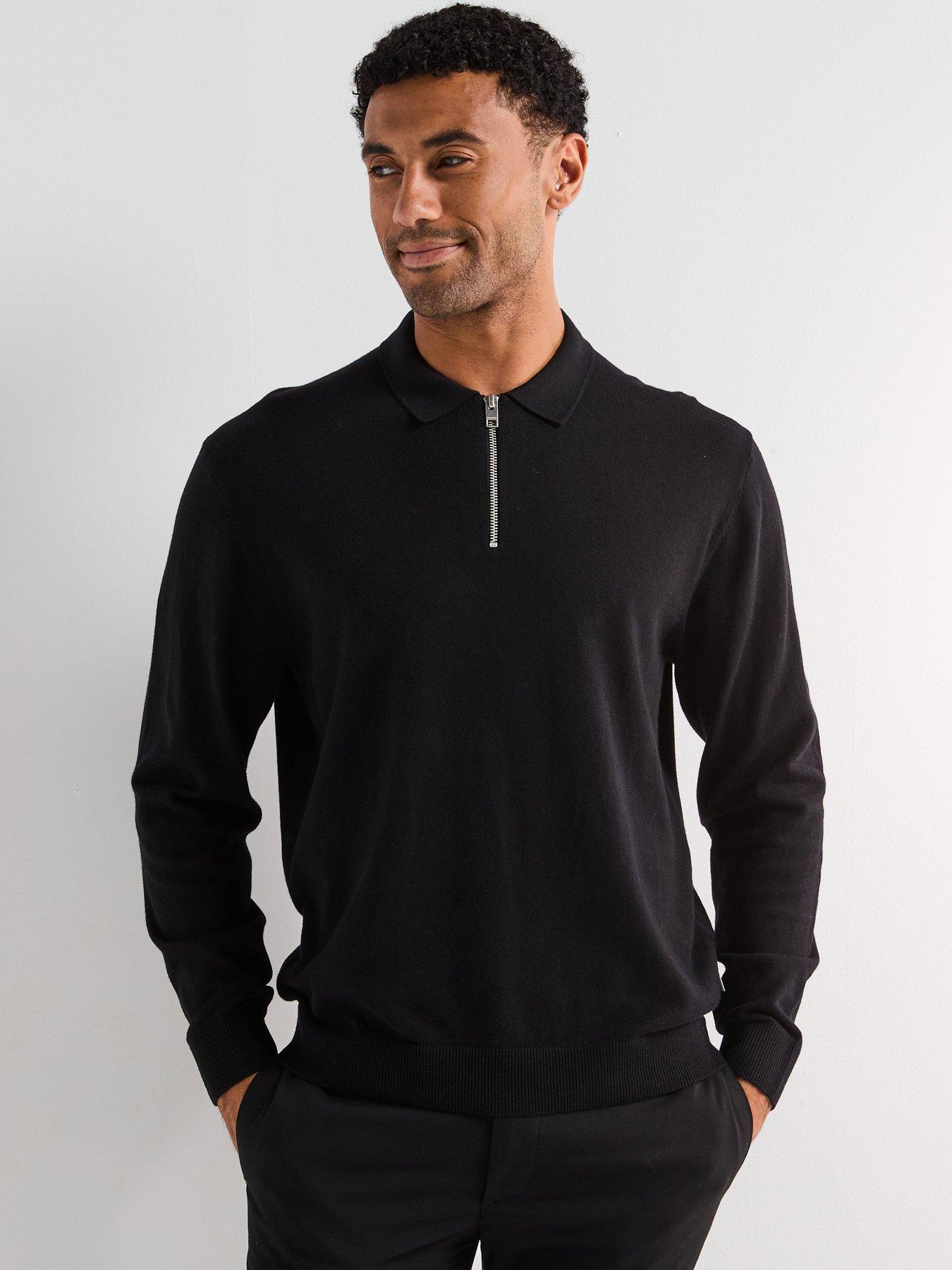 Image 1 of 6 of Jack & Jones Emil Long Sleeve Half Zip Knitted Polo Shirt - Black
