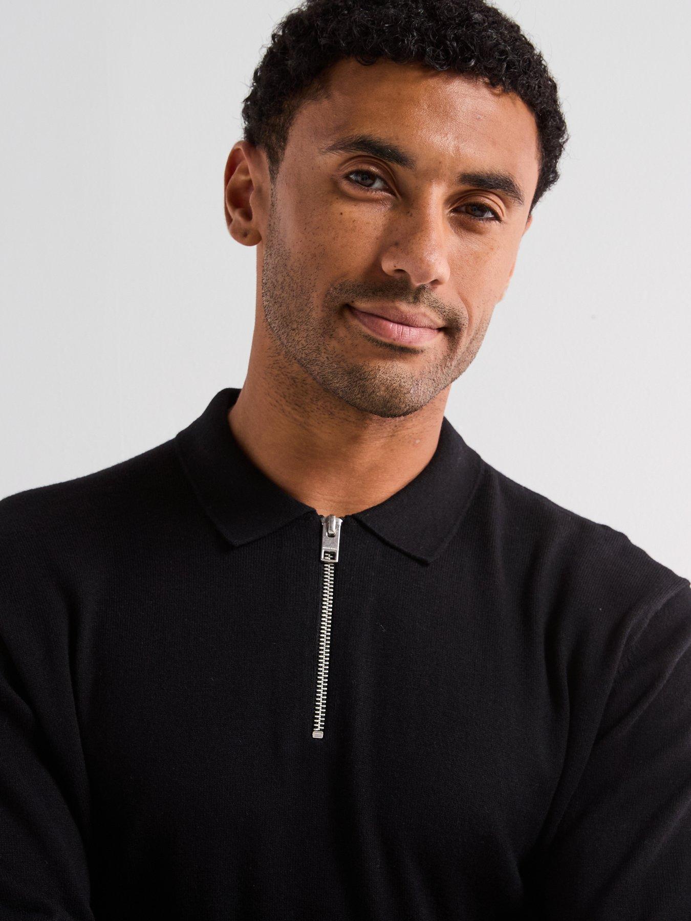 Image 4 of 6 of Jack & Jones Emil Long Sleeve Half Zip Knitted Polo Shirt - Black