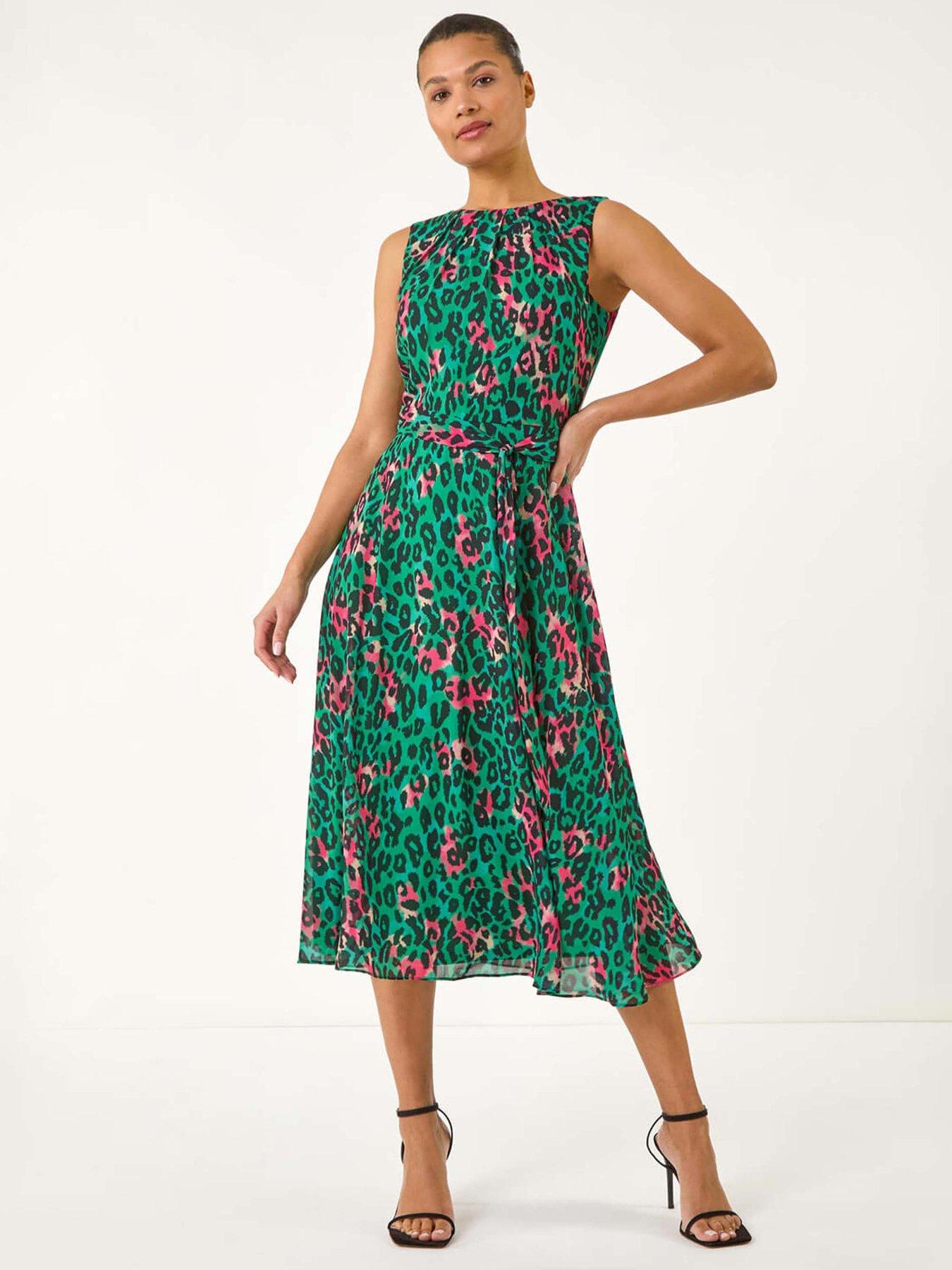 undefined Animal Print Pleated Midi Dress - Green