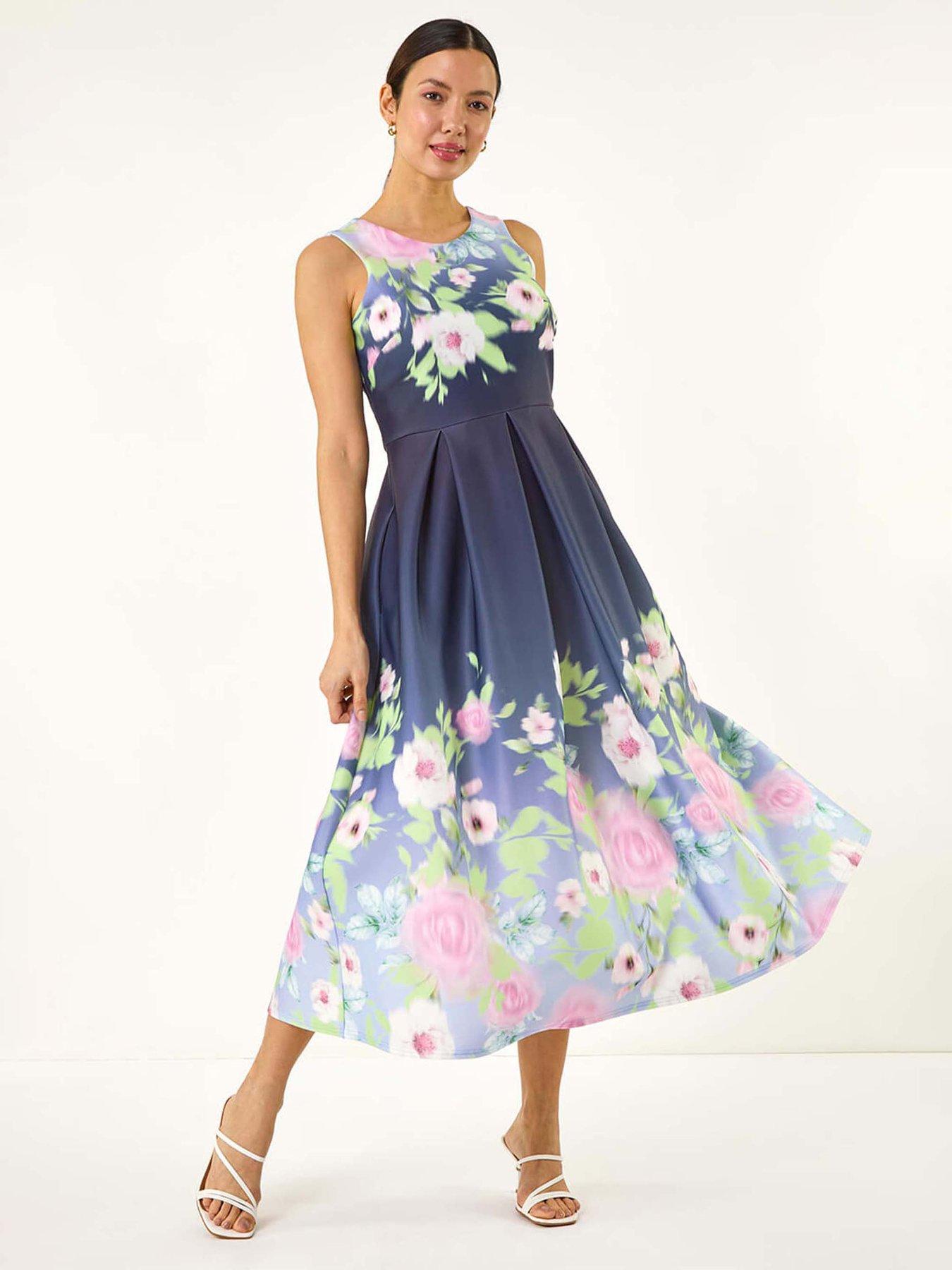 undefined Floral Print Border Premium Stretch Midi Dress - Navy