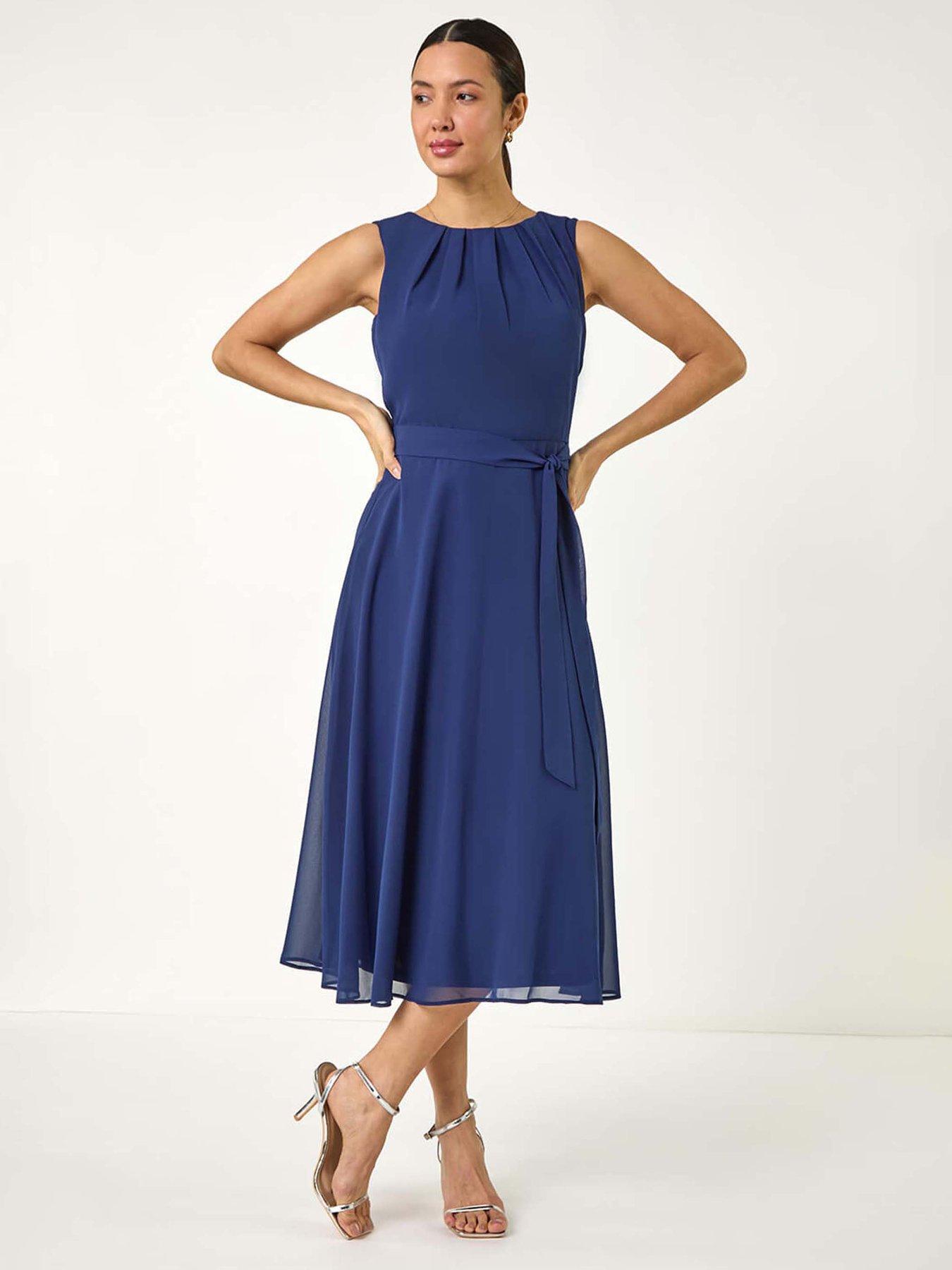 undefined Chiffon Pleated Neck Midi Dress - Navy